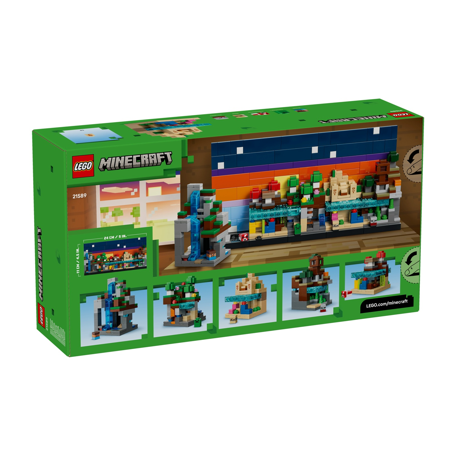 Una scatola Lego Minecraft con il set e un paesaggio colorato. La scatola mostra il set, comprese diverse costruzioni più piccole.