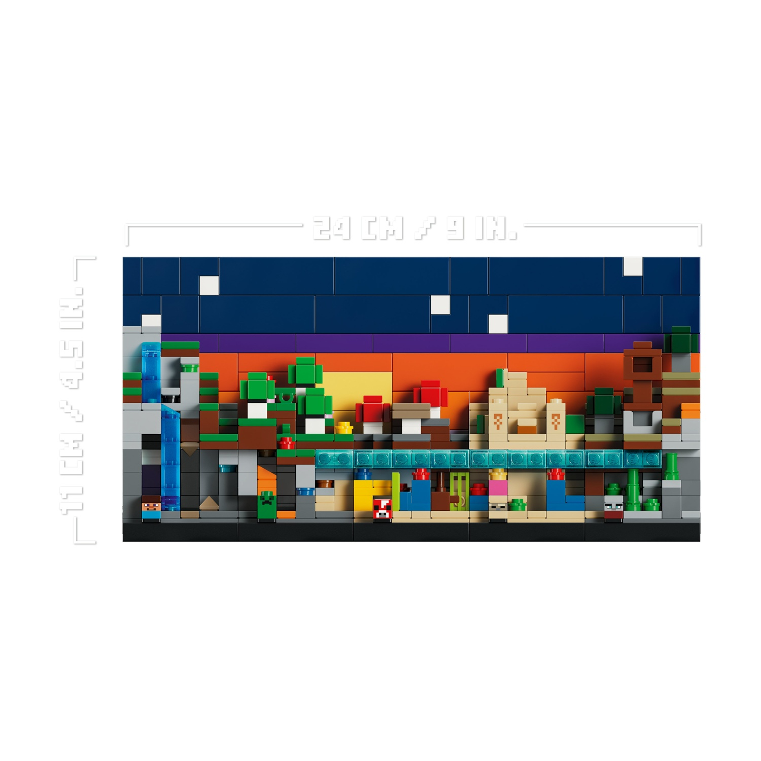 Una scena Lego Minecraft. Una cascata, alberi, edifici e personaggi sono raffigurati su uno sfondo di tramonto e cielo stellato.