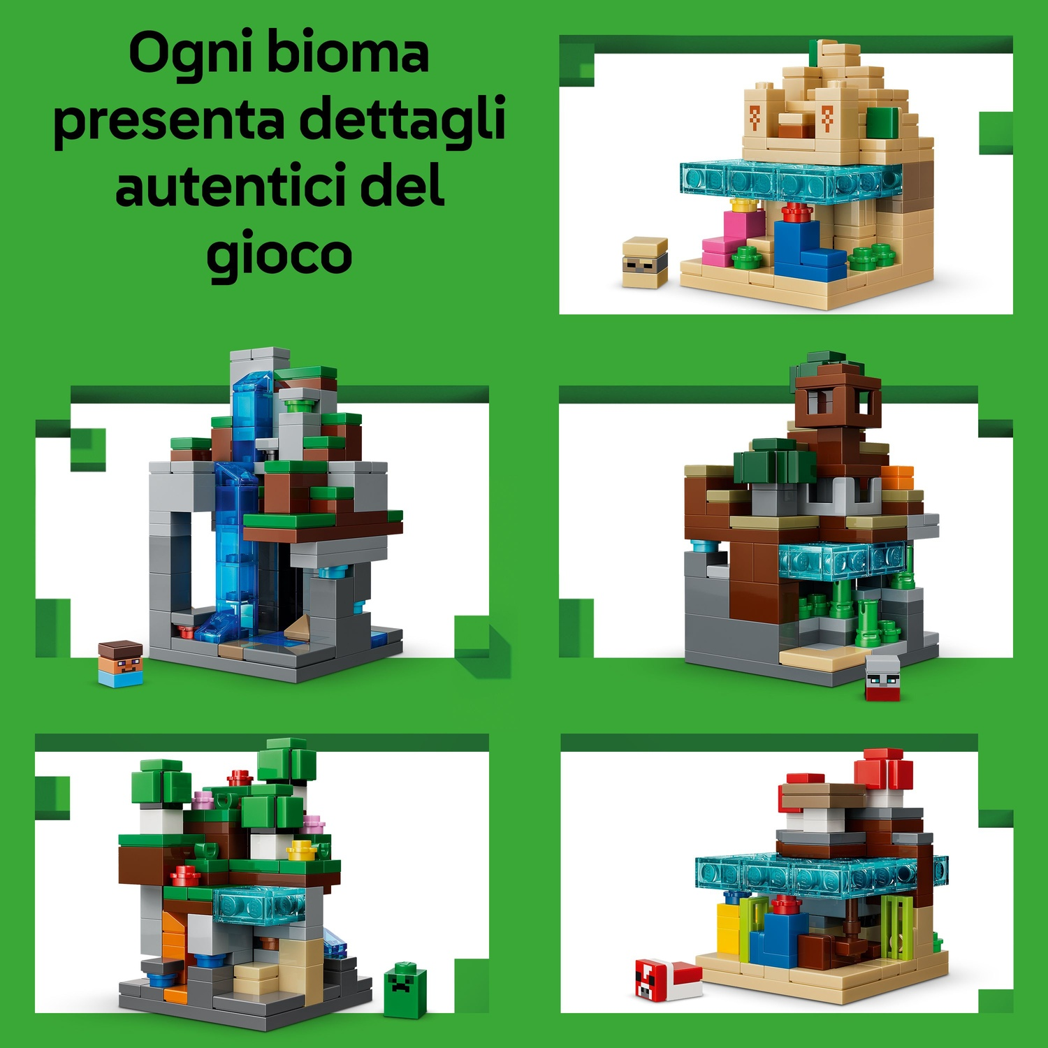 L'immagine mostra quattro set Lego di Minecraft. Ogni set raffigura un ambiente diverso con strutture a blocchi, personaggi e accessori.
