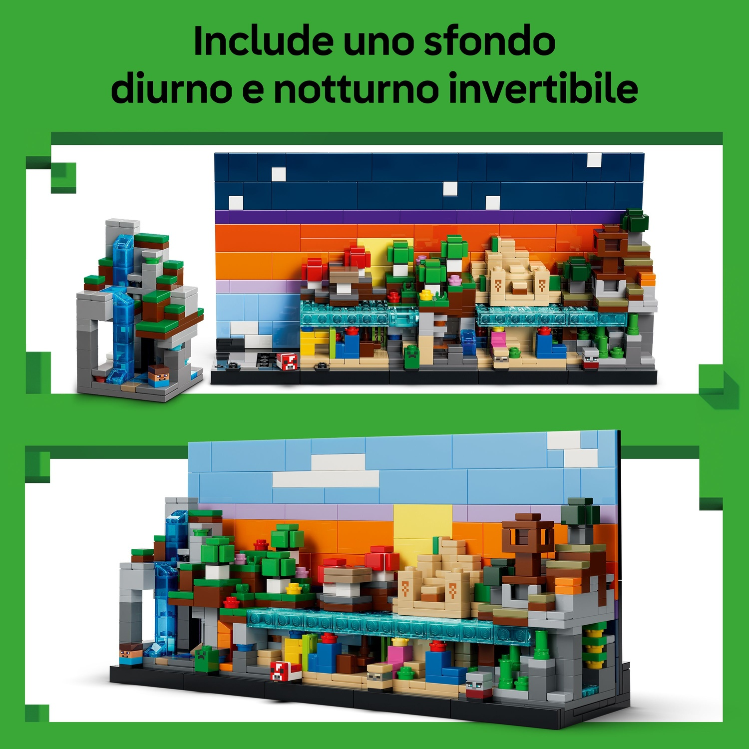 Un set Lego con due scene: una montagna con una cascata e un paesaggio colorato. Include uno sfondo giorno e notte.