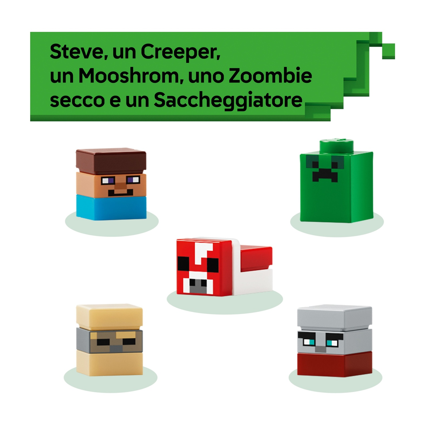 Personaggi Minecraft: Steve, Creeper, Mooshroom, Zombie e Saccheggiatore, tutti a forma di giocattolo a blocchi, su sfondo bianco.