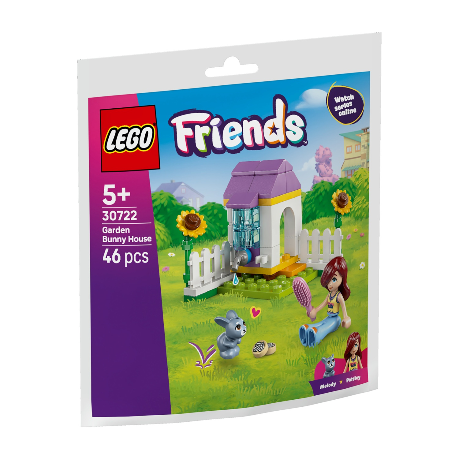 Set LEGO Friends con una casa per conigli, girasoli e due mini-figure. Sono presenti anche un coniglio e un gatto. Lo sfondo è erba verde.