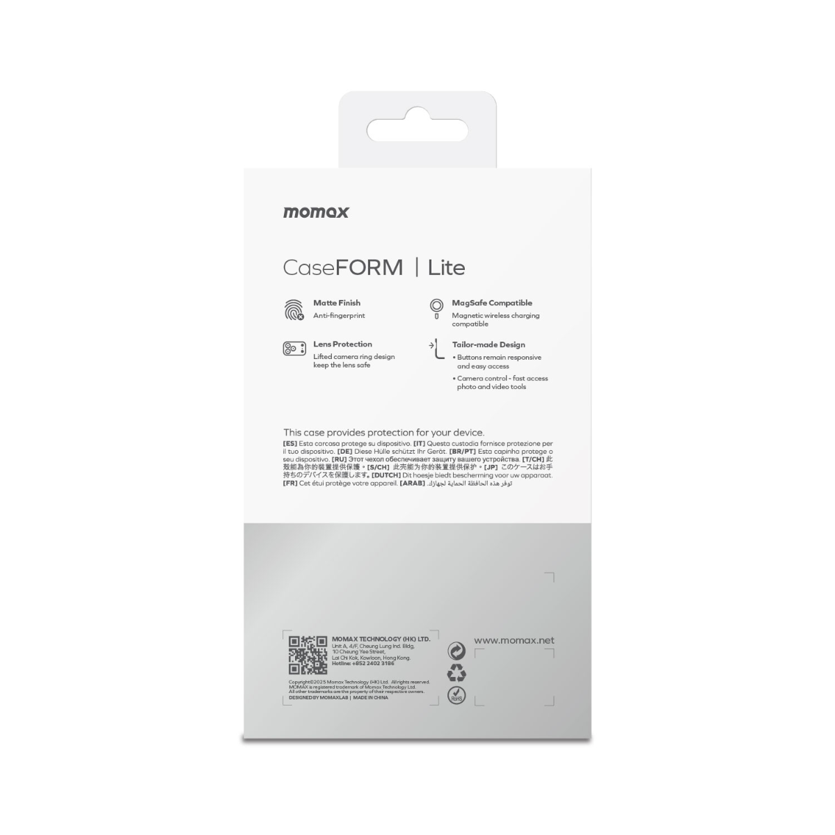 Beyaz Momax CaseFORM Lite paketi. Özellikler: mat kaplama, lens koruması, MagSafe ve özel tasarım.