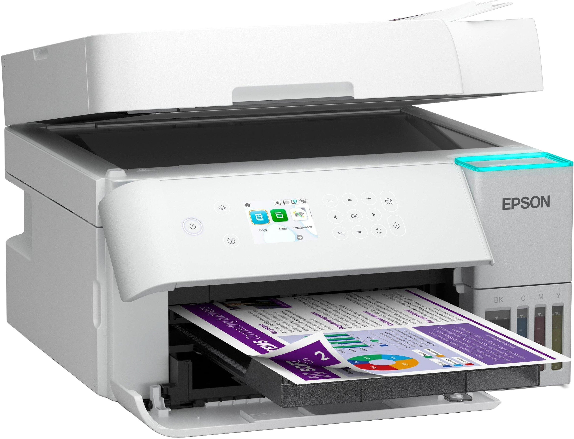 Biała drukarka Epson z dokumentem w tacy wyjściowej. Ma panel sterowania i wkłady atramentowe.