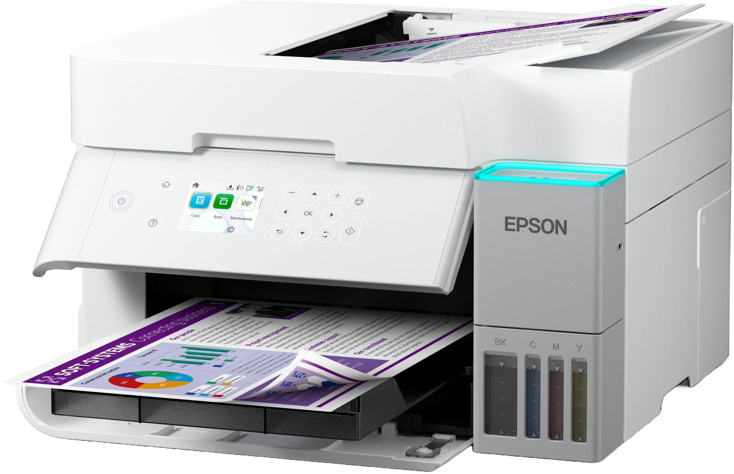 Biała drukarka Epson drukująca dokument z wykresami. Drukarka posiada panel sterowania i wkłady atramentowe.