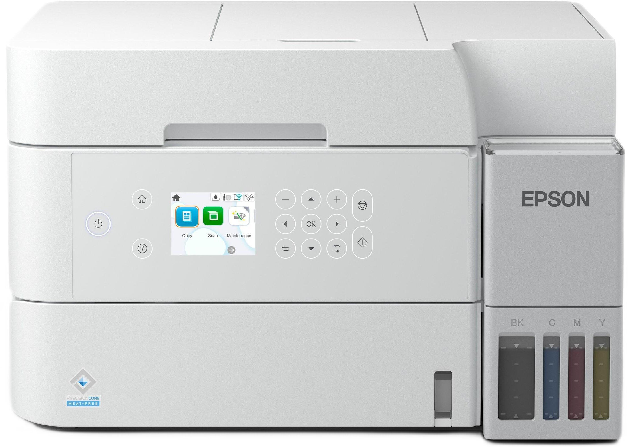 Biała drukarka Epson z panelem sterowania i zbiornikami na tusz. Posiada przyciski i mały ekran. Widoczne jest logo.