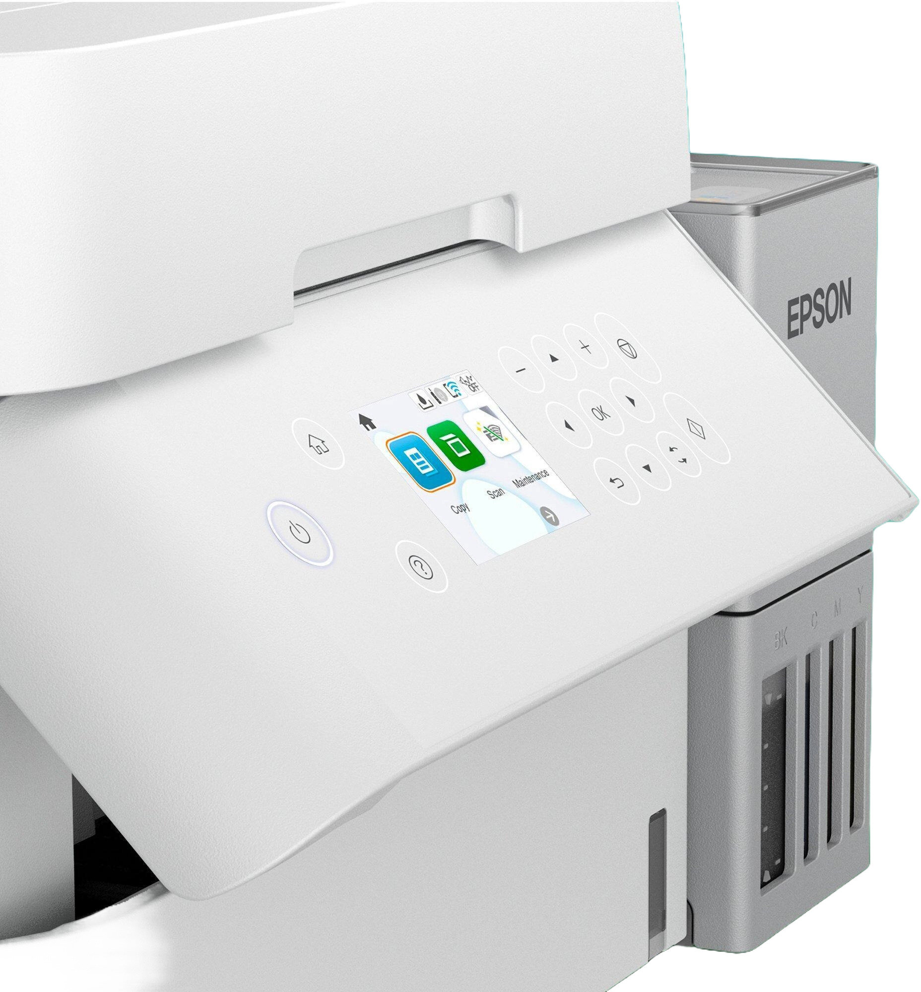 Biała drukarka Epson z panelem sterowania i różnymi przyciskami. Drukarka ma również zbiorniki z tuszem.