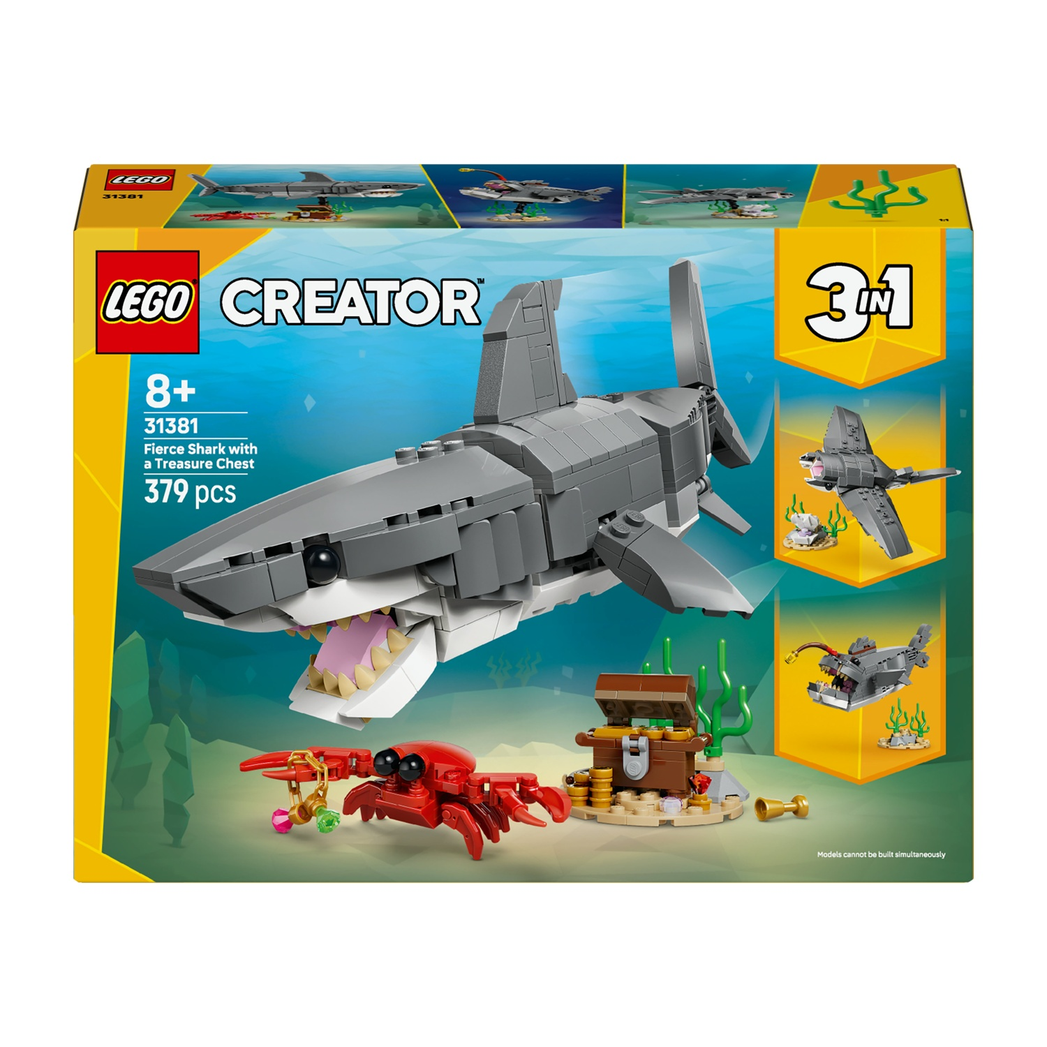 Scatola Lego Creator, con un modello di squalo con un forziere, un granchio e vari altri modelli di squalo.