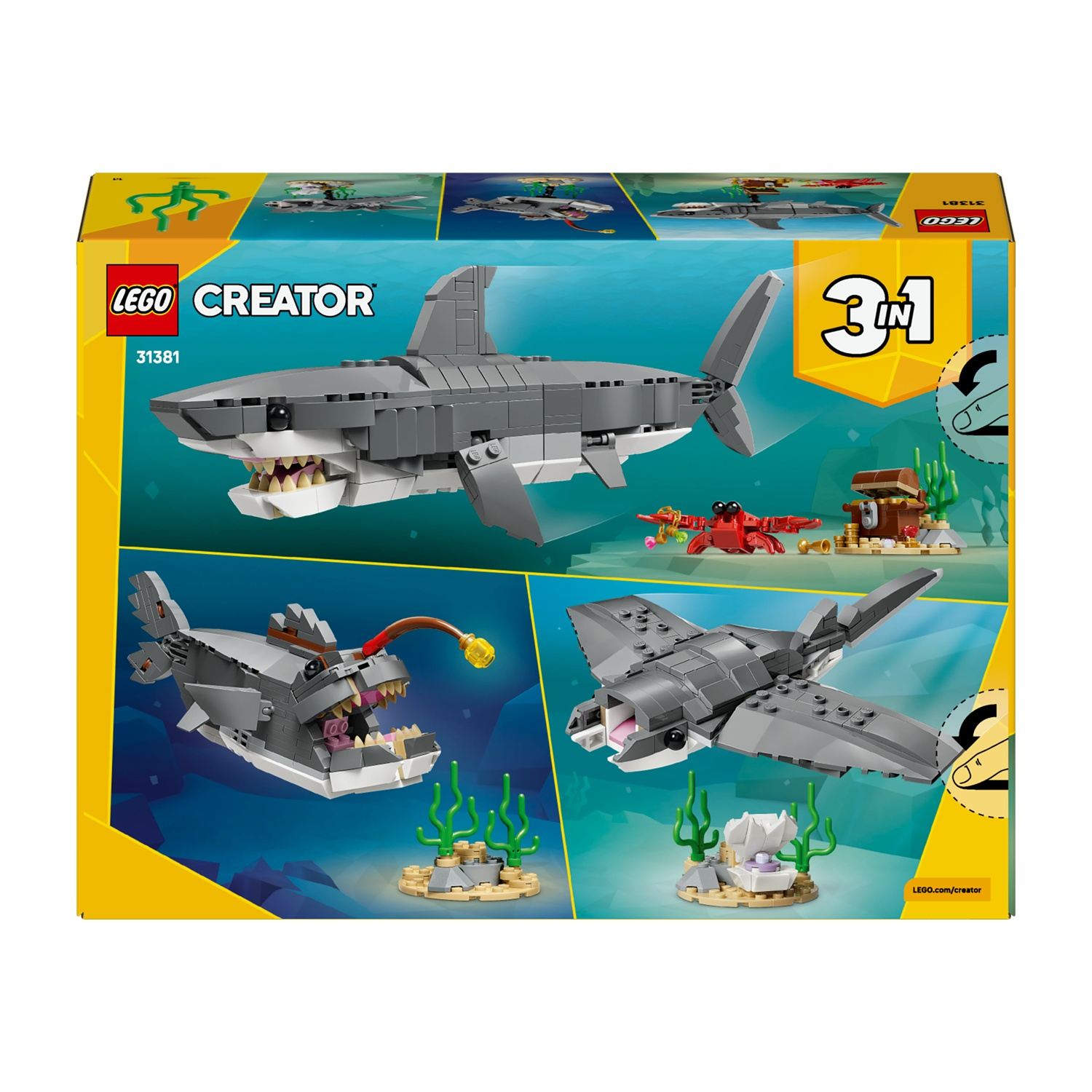 Scatola del set LEGO Creator 3-in-1. Include modelli di squalo, pesce rana pescatrice e aereo. Include scena sottomarina e tesoro.