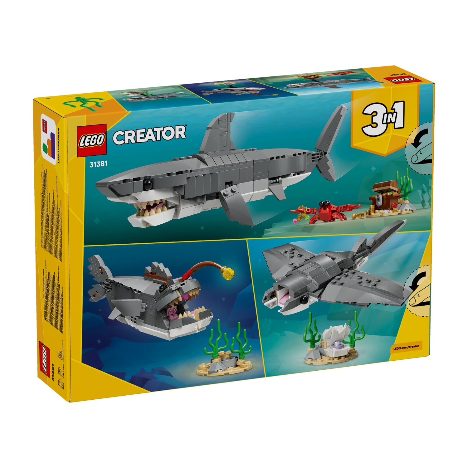 Scatola del set LEGO Creator 3 in 1. Presenta uno squalo, un granchio con tesoro, un pesce rana pescatrice e una manta, tutti in mattoncini LEGO.
