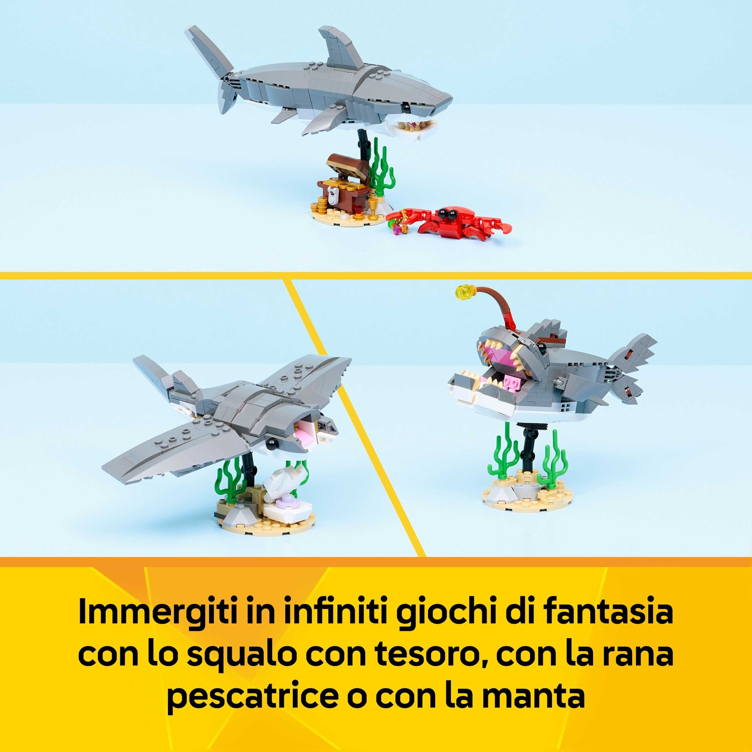 L'immagine presenta tre creature marine LEGO: uno squalo, un pesce rana pescatrice e una manta. Sono su uno sfondo azzurro chiaro.