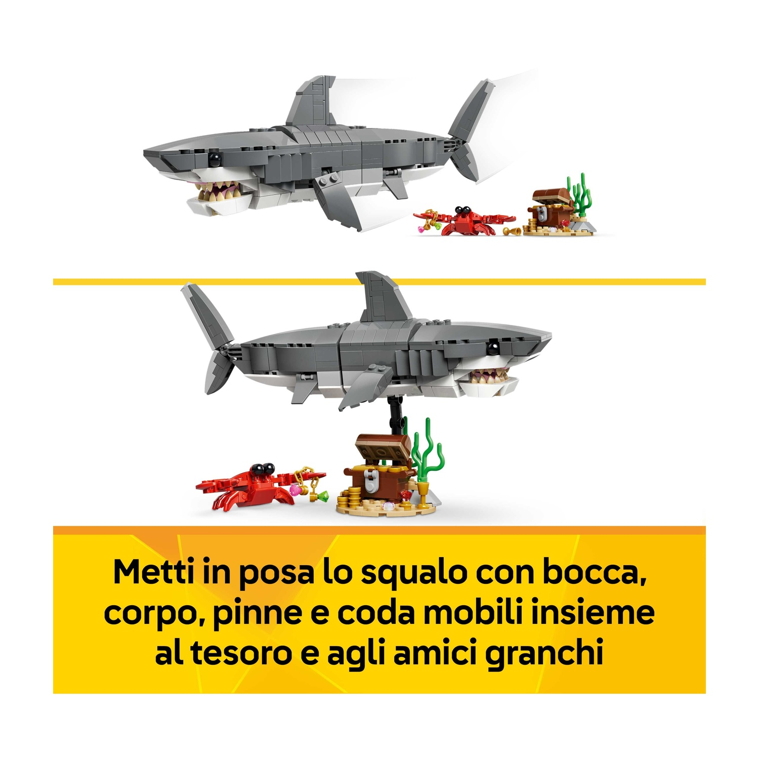 Due squali Lego con bocca aperta. Granchi, forziere e piante marine accanto. Testo: Metti in posa lo squalo con bocca, corpo, pinne.