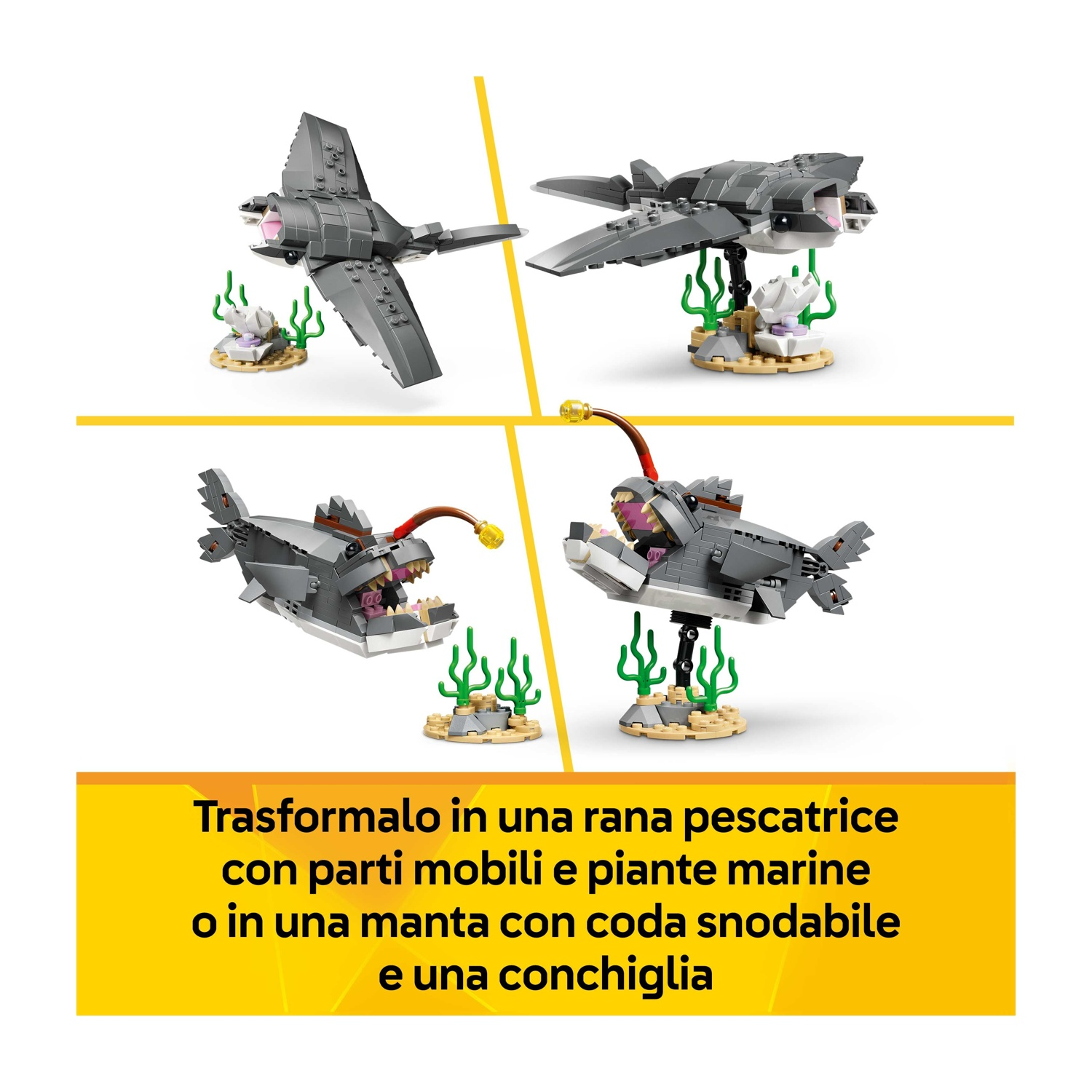 Quattro immagini mostrano set Lego: una manta grigia, un pesce e piante marine. Il testo dice: 'Trasformalo in un pesce rana o in una manta.'