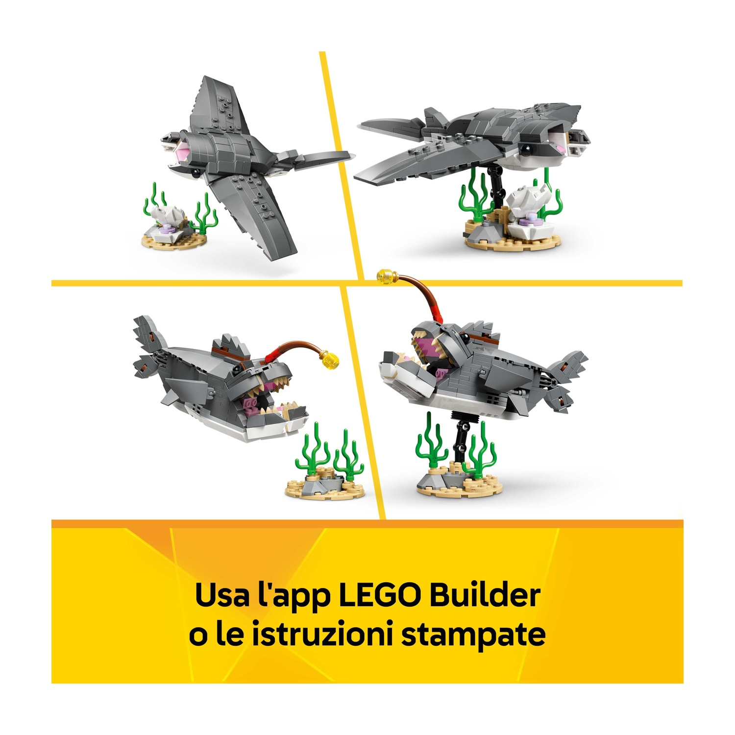 Quattro modelli LEGO di creature acquatiche. Strutture grigie simili ad aerei e modelli a forma di pesce con bocca aperta, su sfondo bianco.