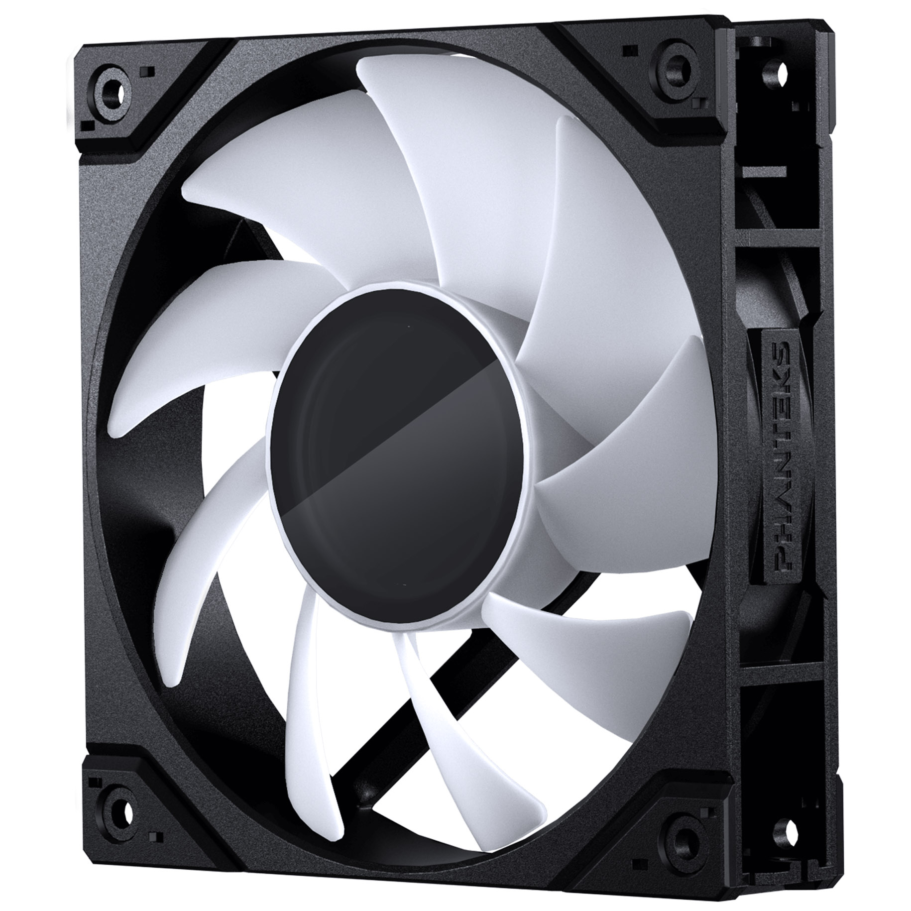 Ein Computerlüfter mit weißen Flügeln und einem schwarzen Rahmen. Die Mitte hat ein schwarzes kreisförmiges Element. Die Marke ist sichtbar.