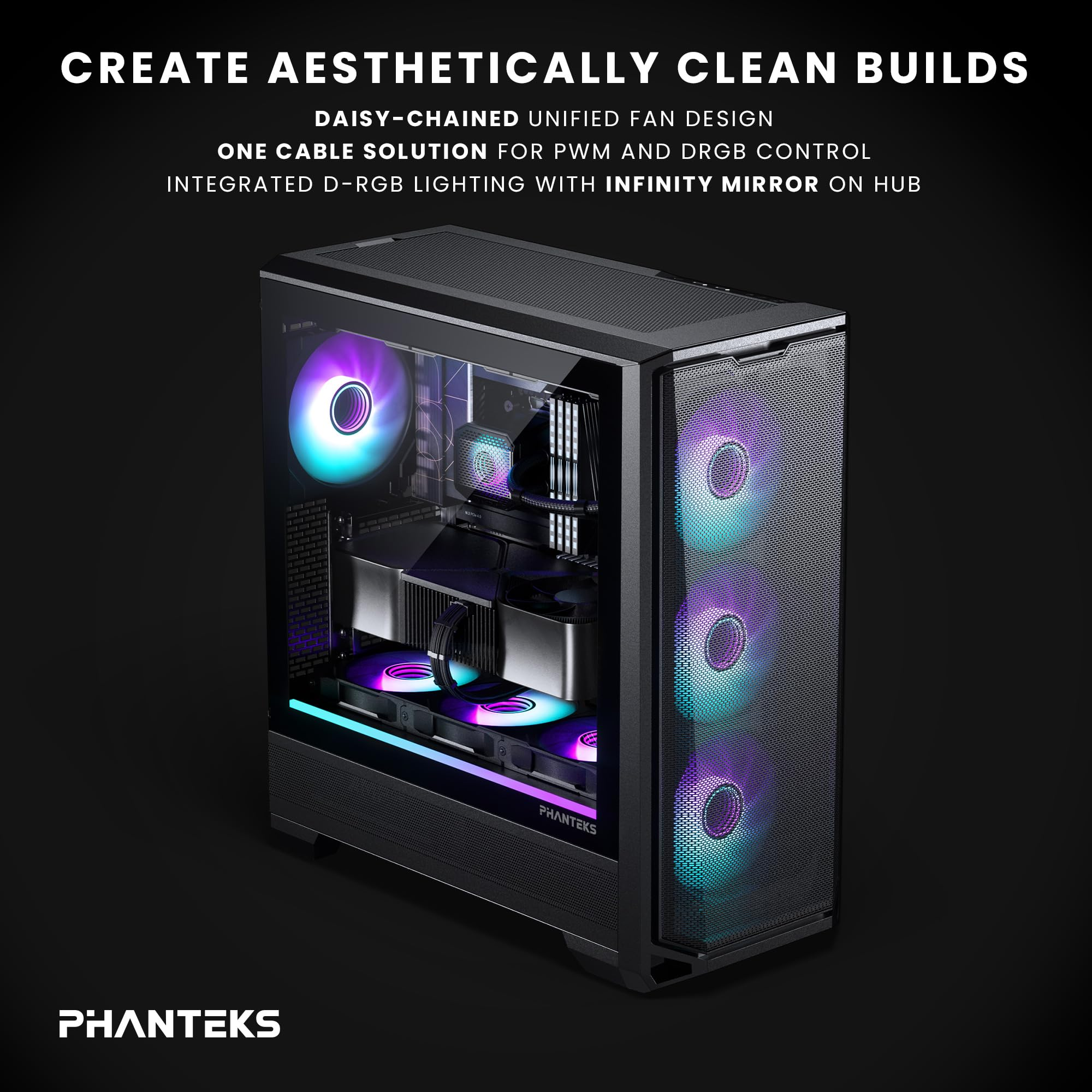 Ein schwarzes Computergehäuse mit RGB-Lüftern. Das Gehäuse hat eine Glasseitenwand. Die Beleuchtung ist lila und blau.