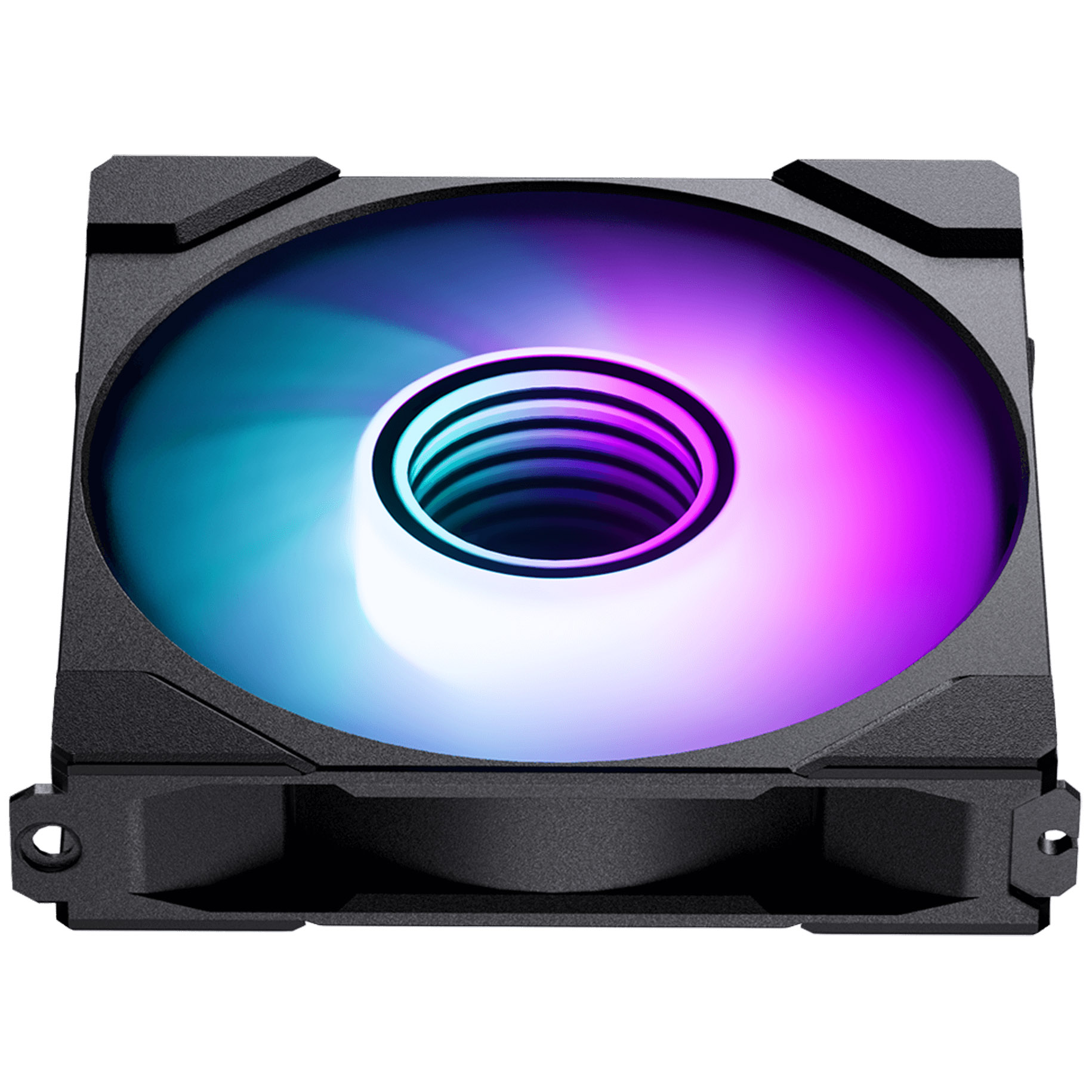 Ein Computerlüfter mit schwarzem Rahmen und einem Mittelteil mit Spiraldesign. Die Lüfterblätter sind blau und lila beleuchtet.