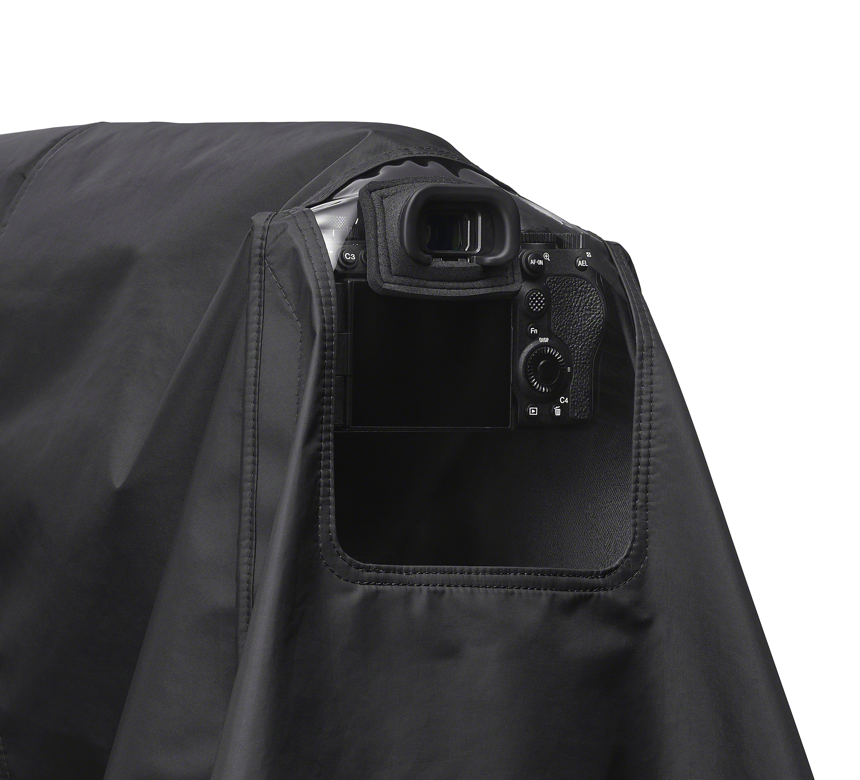 Una fotocamera nera è coperta da una copertura nera. Sono visibili schermo, pulsanti e mirino.