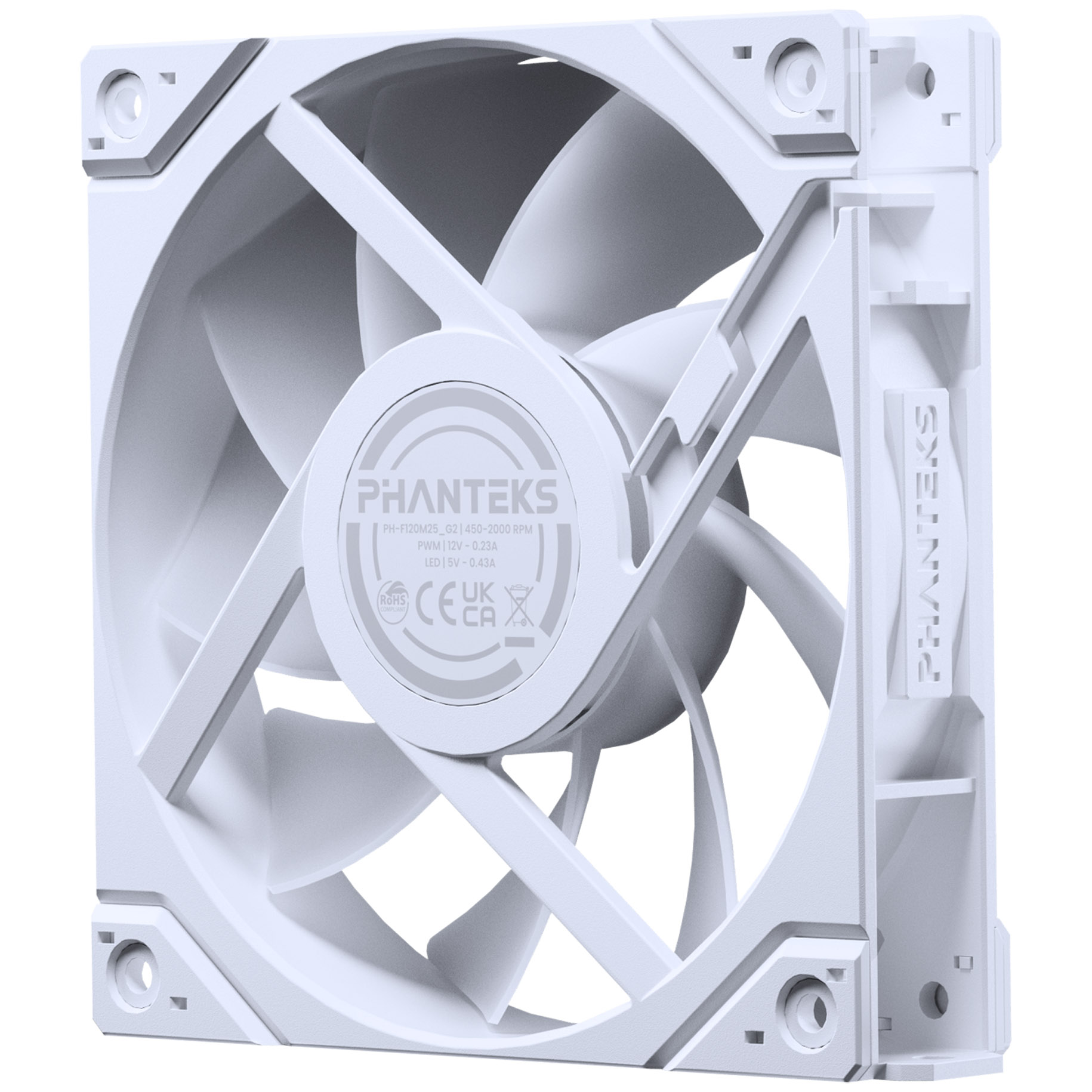 Ein weißer Computerlüfter mit kreisförmigem Design. Es hat Flügel und einen Rahmen mit dem Markennamen PHANTEKS.