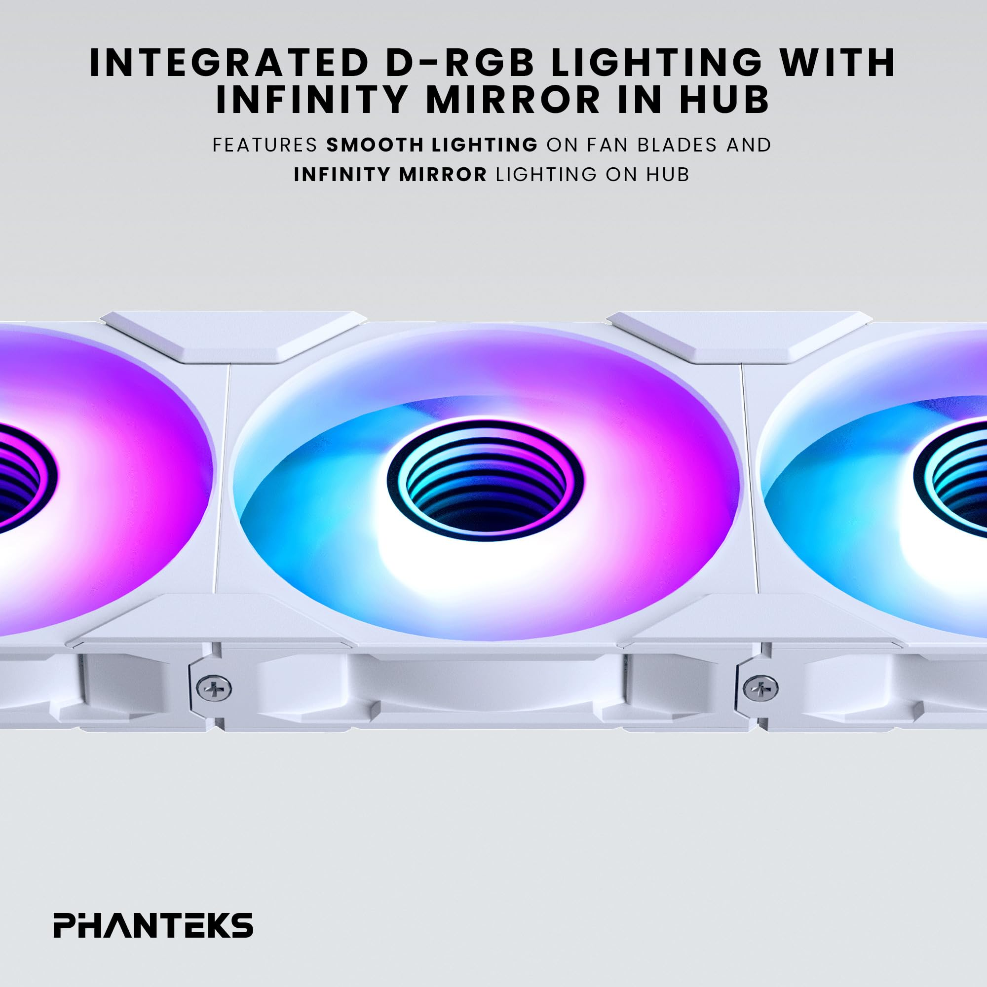 Drei weiße Lüfter mit RGB-Beleuchtung. Die Beleuchtung wechselt zwischen Rosa, Blau und Lila. Das PHANTEKS-Logo befindet sich unten.