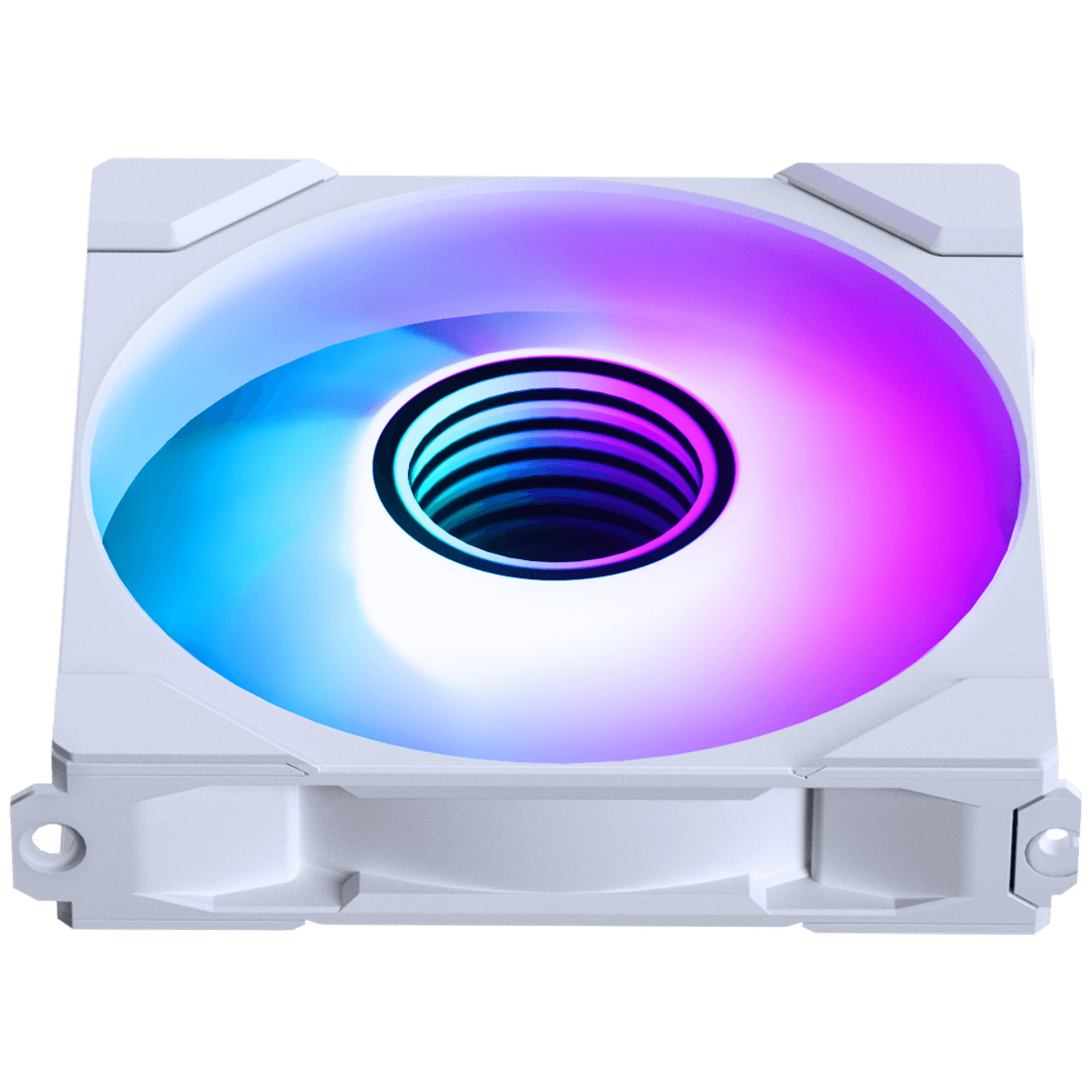 Weißer Computerlüfter mit RGB-Beleuchtung. Die Mitte hat ein dunkles Loch, umgeben von einem Ring aus buntem Licht.