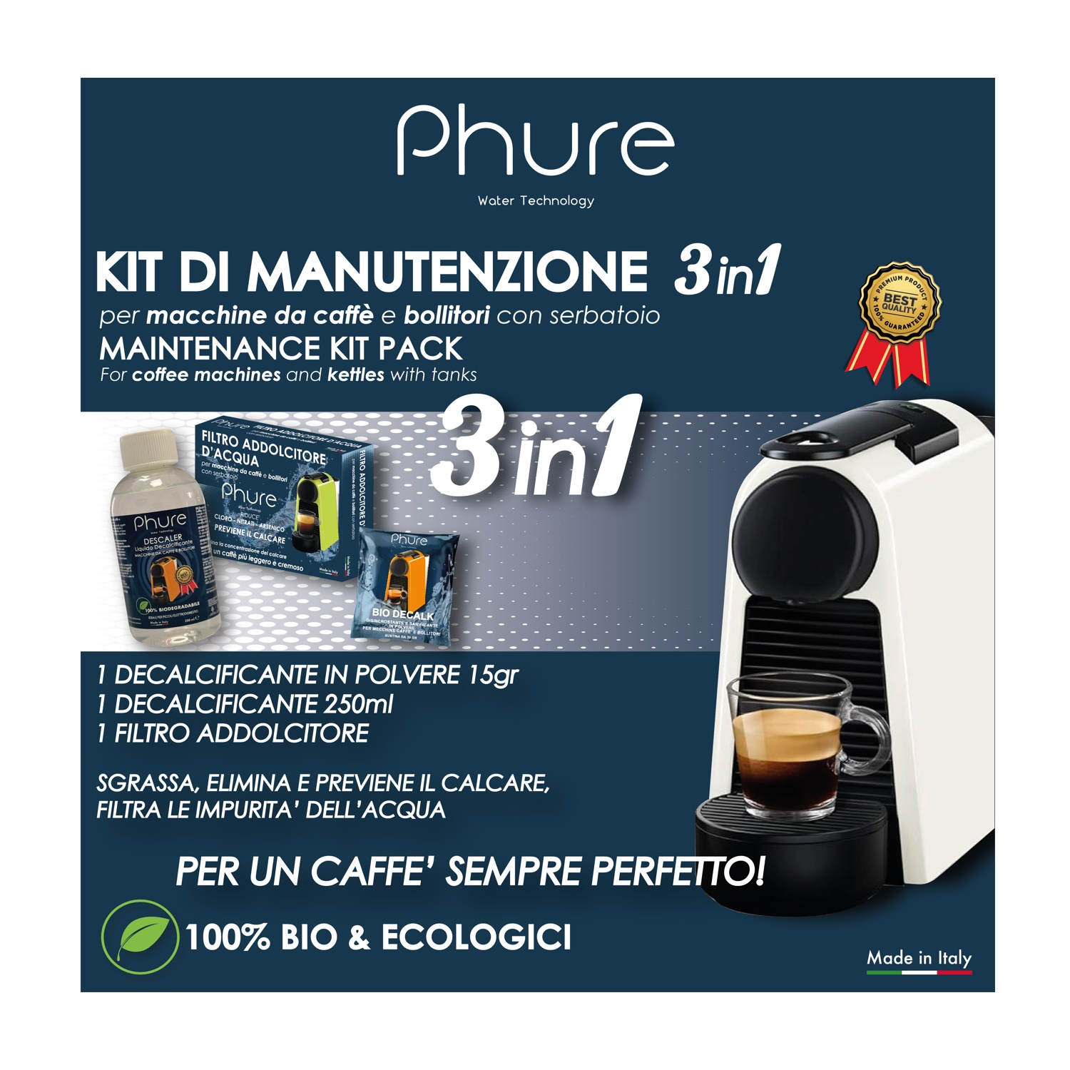 L'immagine mostra una macchina da caffè con un kit contenente decalcificanti e un filtro per l'acqua. Una tazza di caffè è davanti.