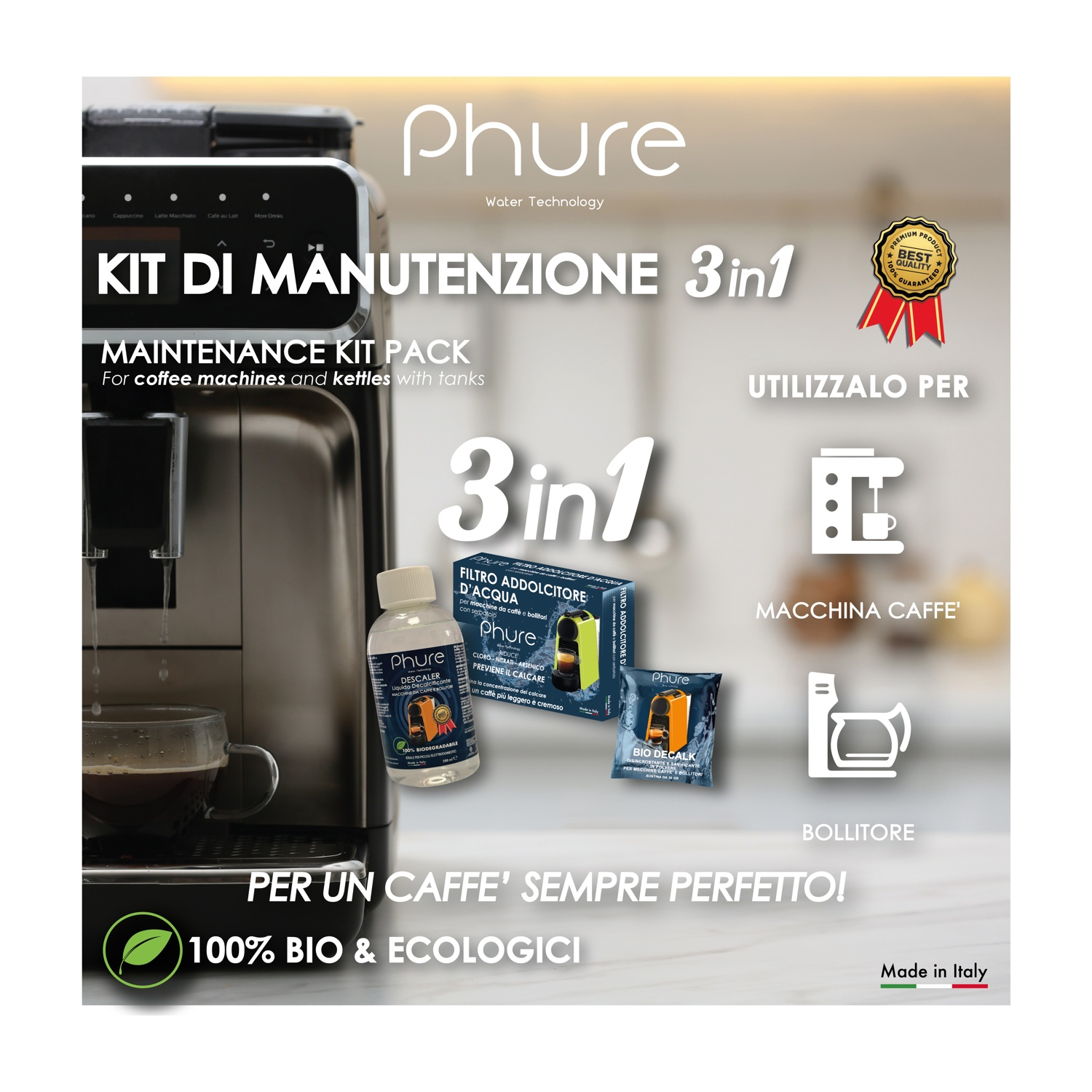 L'immagine mostra una macchina da caffè con un kit di manutenzione, inclusi un decalcificante e un filtro dell'acqua, con testo e loghi.