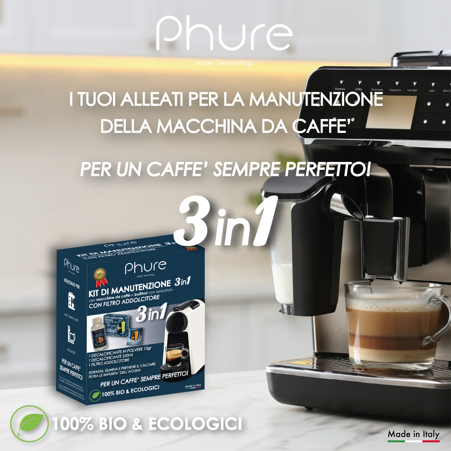 Macchina da caffè con caffè, latte e una scatola di prodotti per la pulizia. Il testo dice '3 in 1' e '100% Bio & Ecologic'.