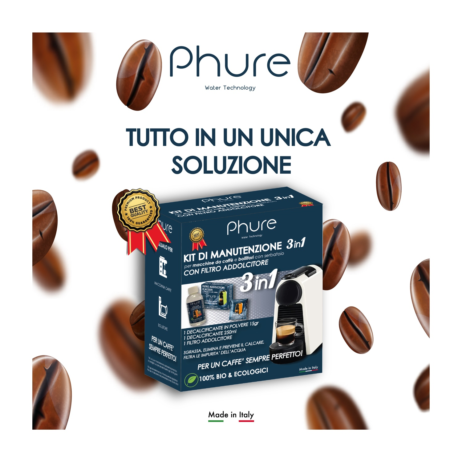 L'immagine presenta un kit per macchina da caffè con chicchi sparsi, il marchio 'Phure' e testo italiano.