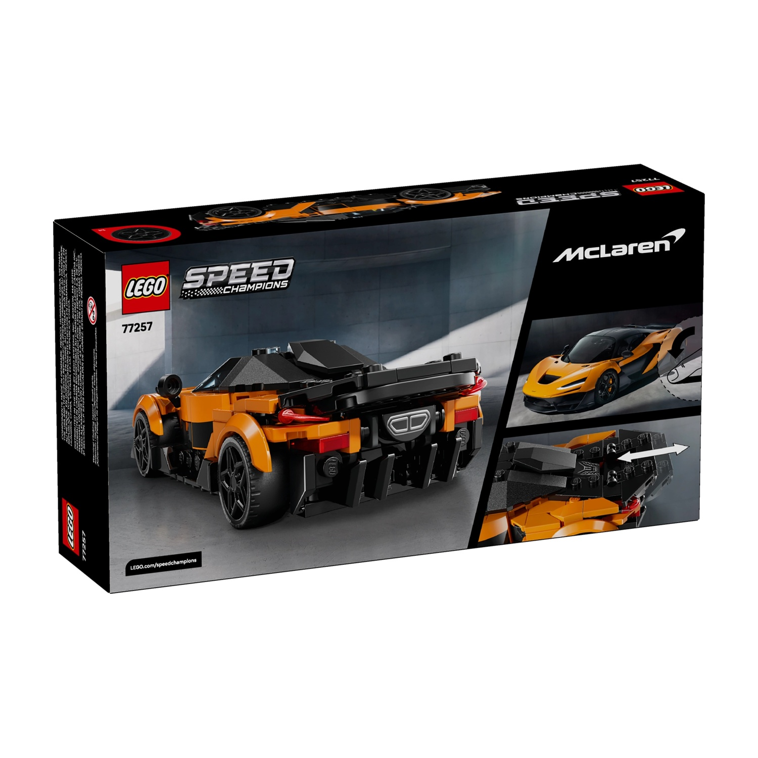 Una scatola Lego Speed Champions con un'auto giocattolo McLaren arancione e nera. La scatola include immagini dell'auto e il logo Lego.