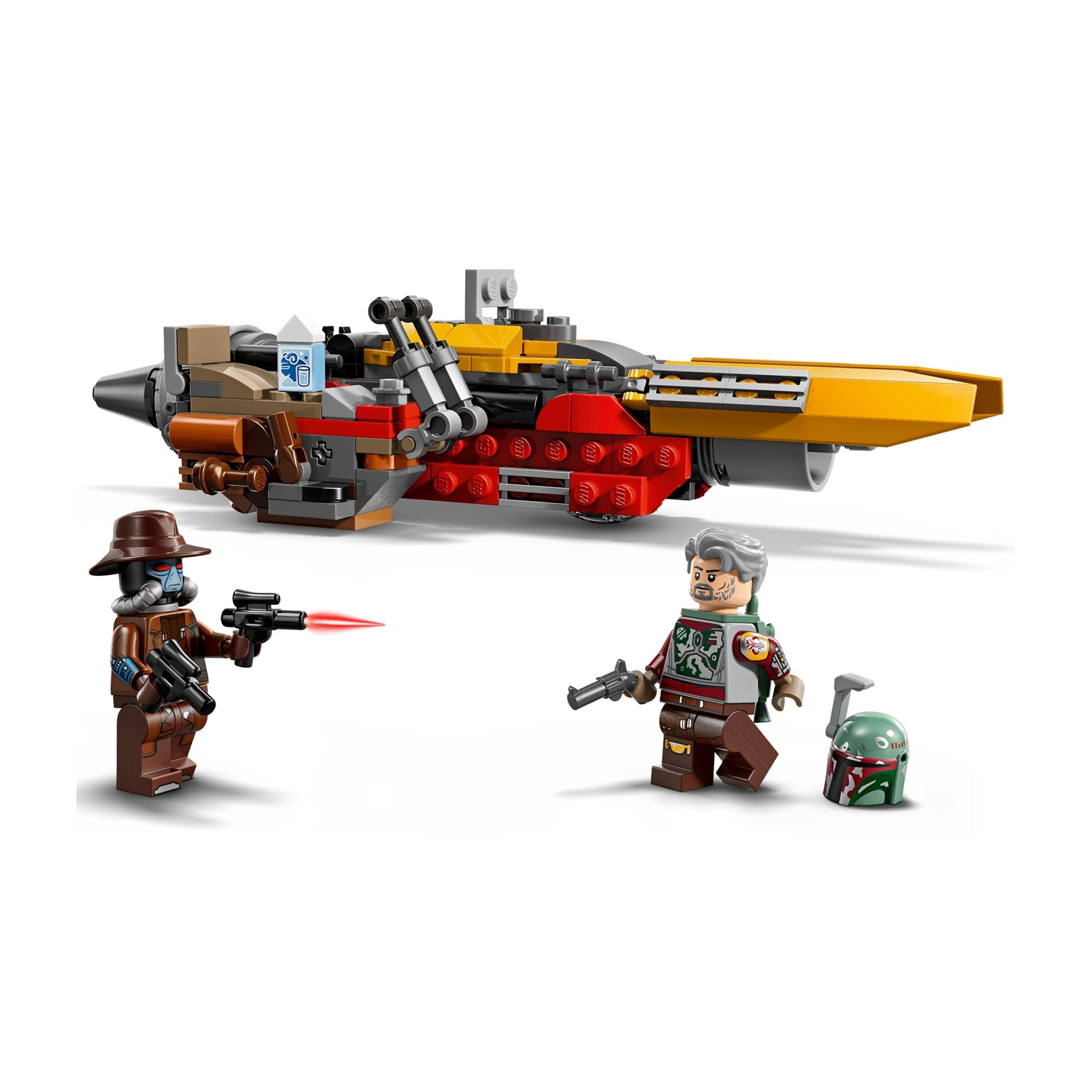 Set Lego con veicolo giallo e rosso, due personaggi e un elmetto verde. Un personaggio punta una pistola con un laser rosso.