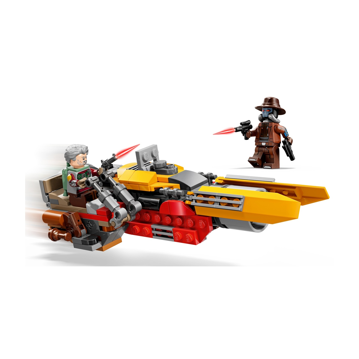 Set Lego: Uno speeder giallo e rosso con una minifigure. Un'altra minifigure, abito marrone, punta un'arma con un laser rosso.