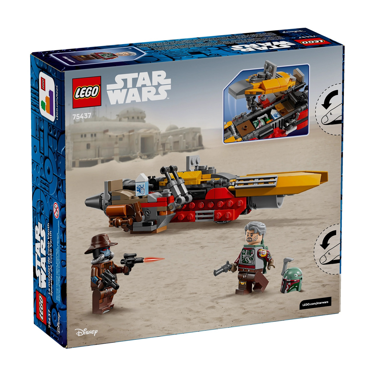 Scatola Lego Star Wars. Presenta uno speeder, due minifigure e un casco su sfondo sabbioso. Testo e loghi visibili.
