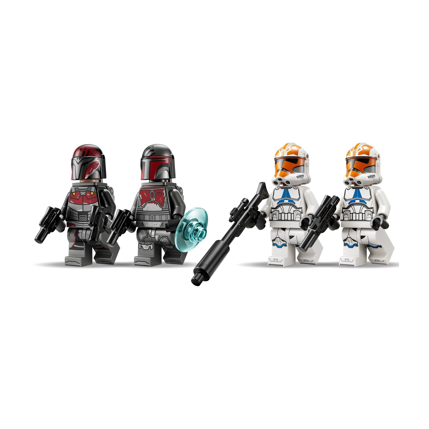 Quattro personaggi Lego. Due Mandaloriani, due soldati clone. I Mandaloriani hanno pistole, elmetti. I soldati hanno elmetti arancioni e pistole.