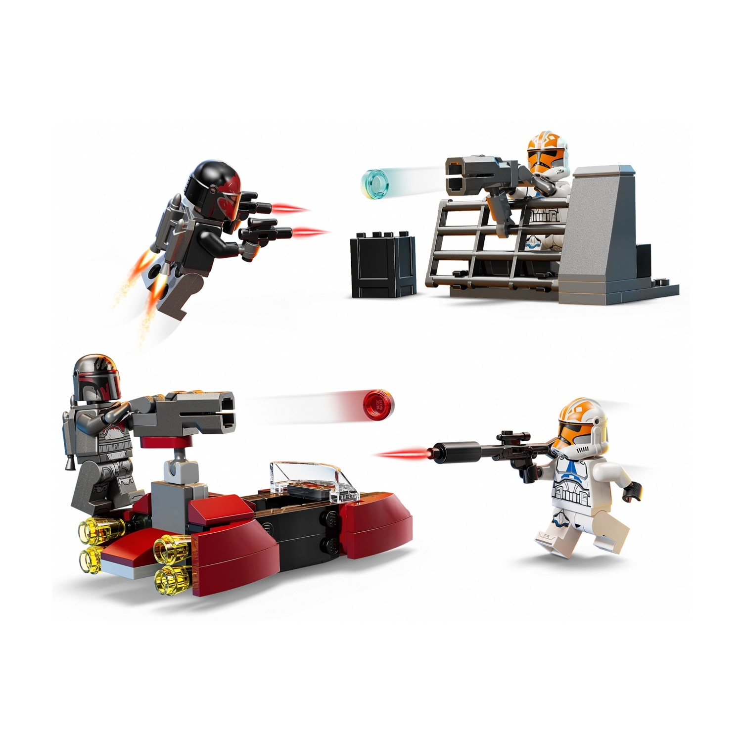 Set Lego Star Wars. I personaggi sparano con i blaster. Nello scenario c'è uno speeder rosso e una base. Le figure indossano elmetti.