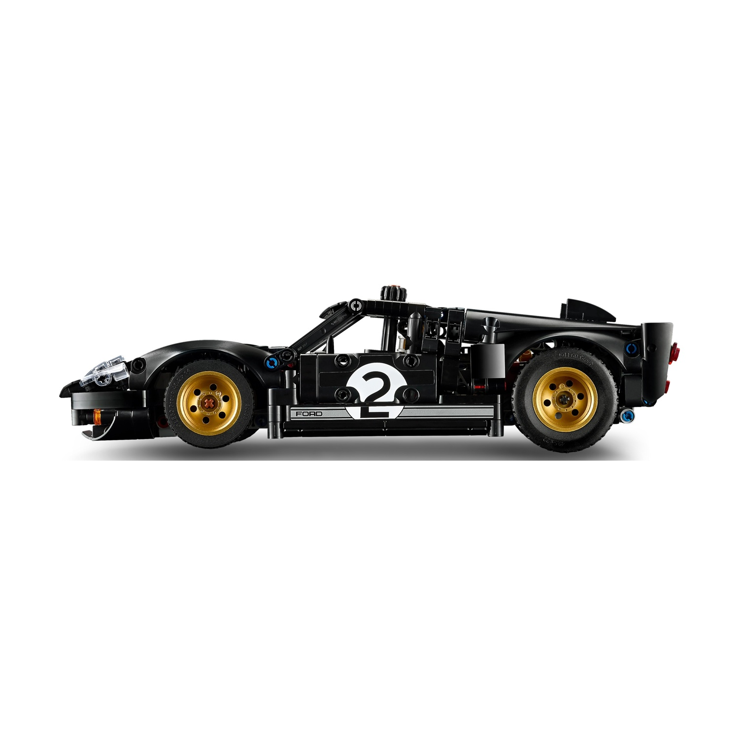 Un'auto da corsa Lego Ford GT nera. Ha ruote dorate, il numero 2 bianco e il logo Ford. Lo sfondo è bianco.