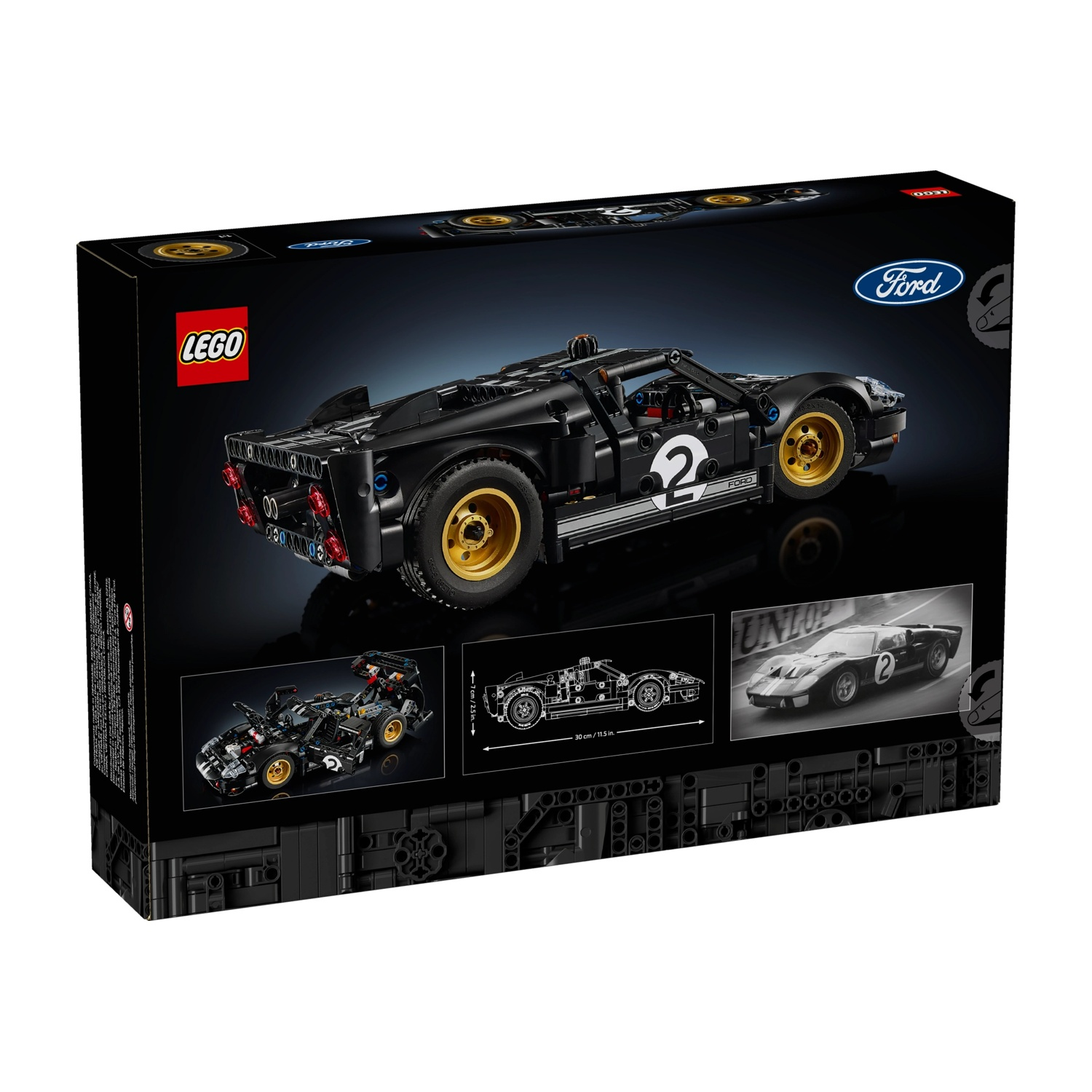 Auto Lego Ford GT nero su una scatola nera. Include immagini dell'auto e diagrammi. Il logo Ford è visibile.