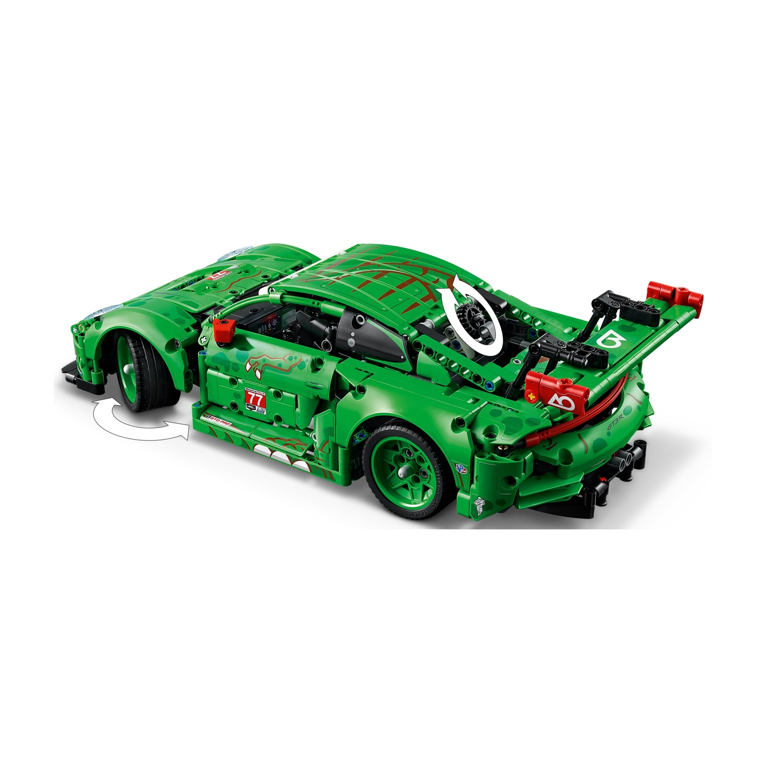 Un'auto da corsa Lego verde con dettagli rossi. L'auto ha il numero 77 e un grande spoiler. Lo sfondo è bianco.