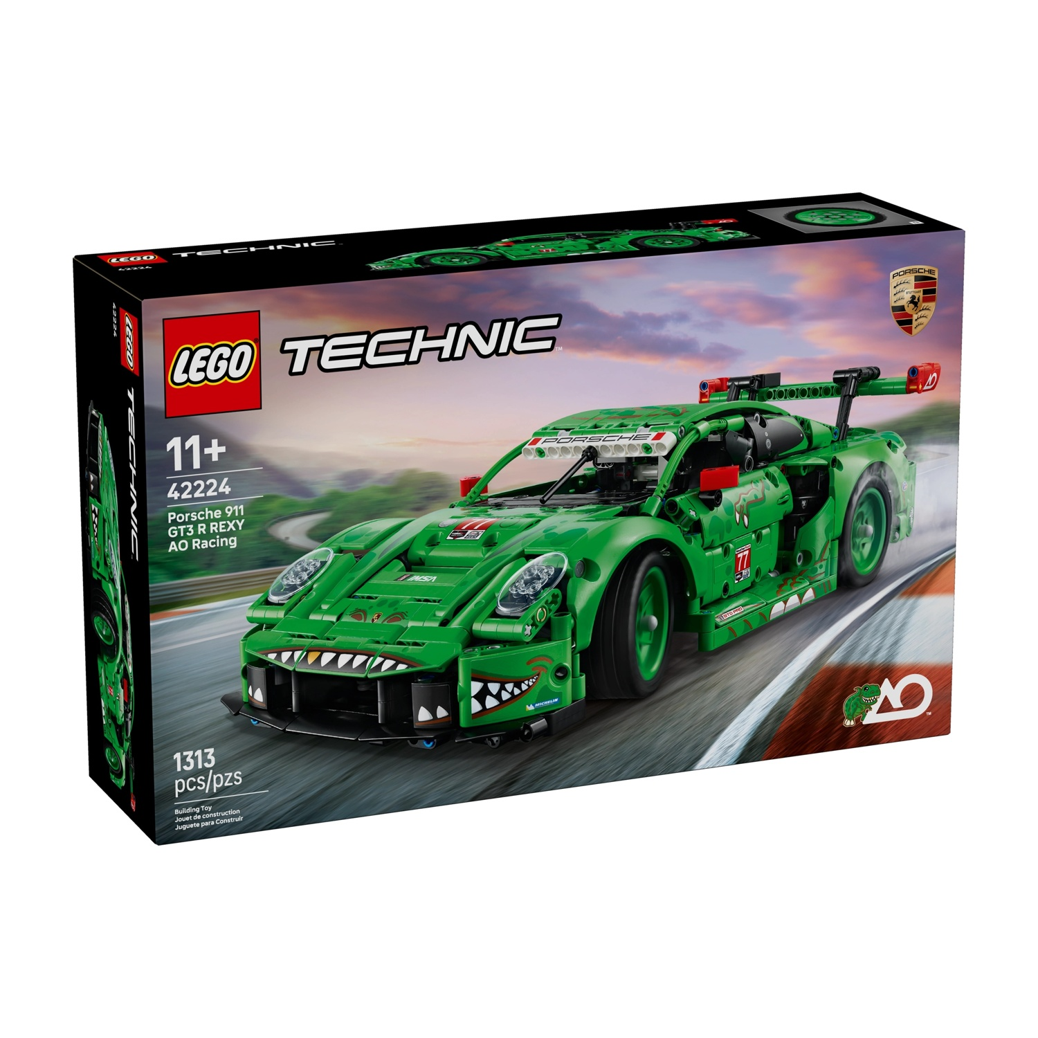 Una scatola Lego Technic mostra una Porsche 911 GT3 R REXY verde. La scatola ha i loghi Lego e Porsche e mostra il numero 42224.