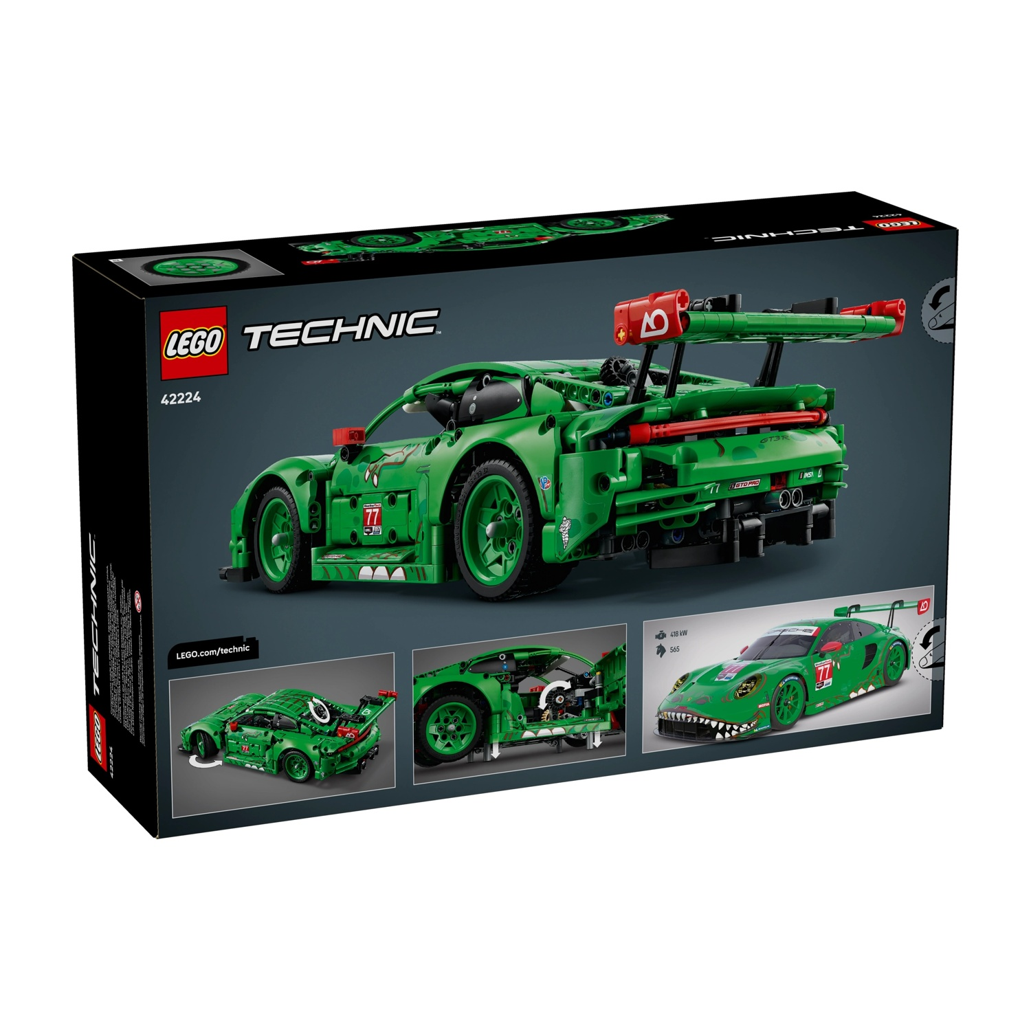 Una scatola Lego Technic mostra un modello di auto da corsa verde con spoiler rosso. Immagini più piccole mostrano le caratteristiche.