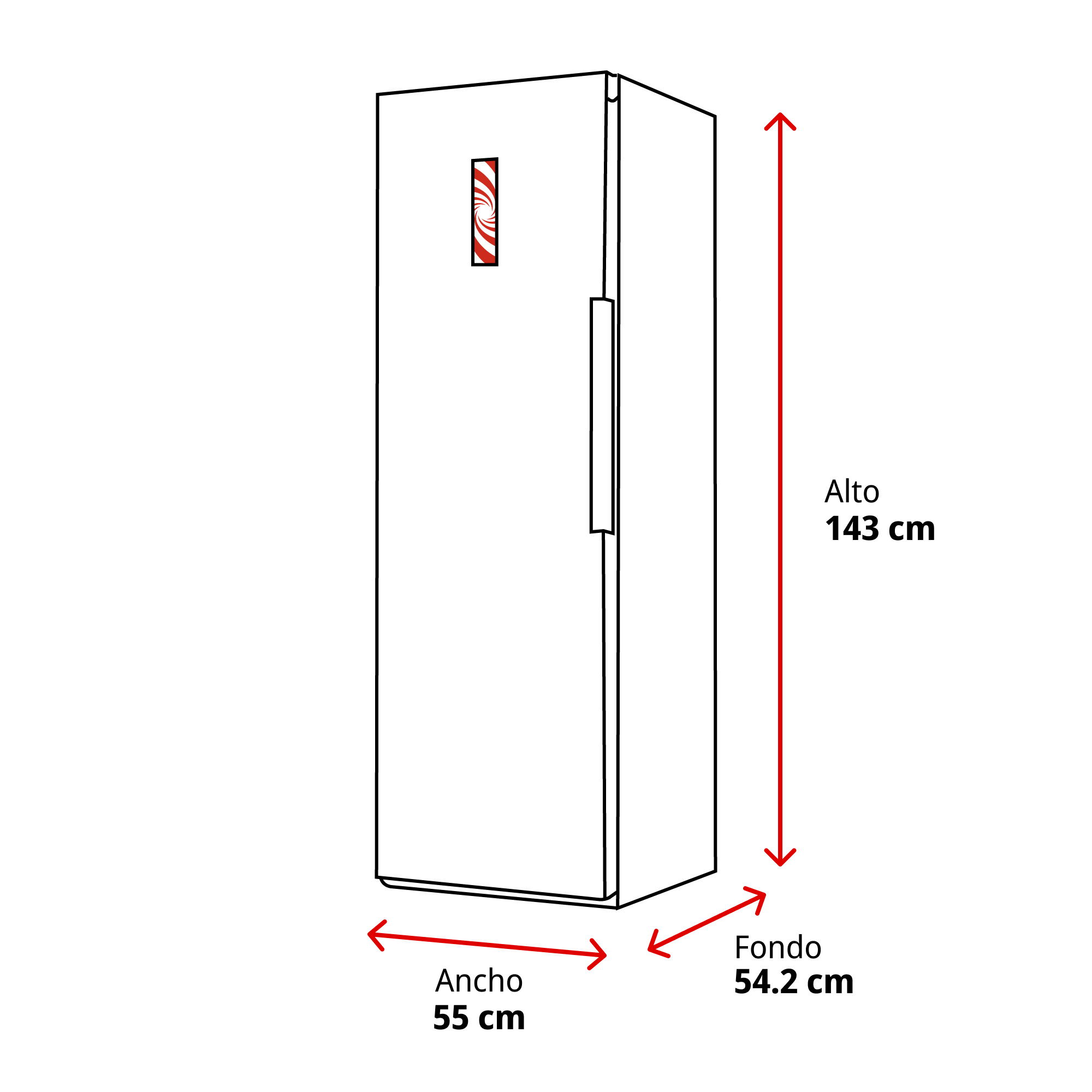 Un refrigerador blanco con dimensiones etiquetadas. Tiene un diseño de remolino rojo y blanco.