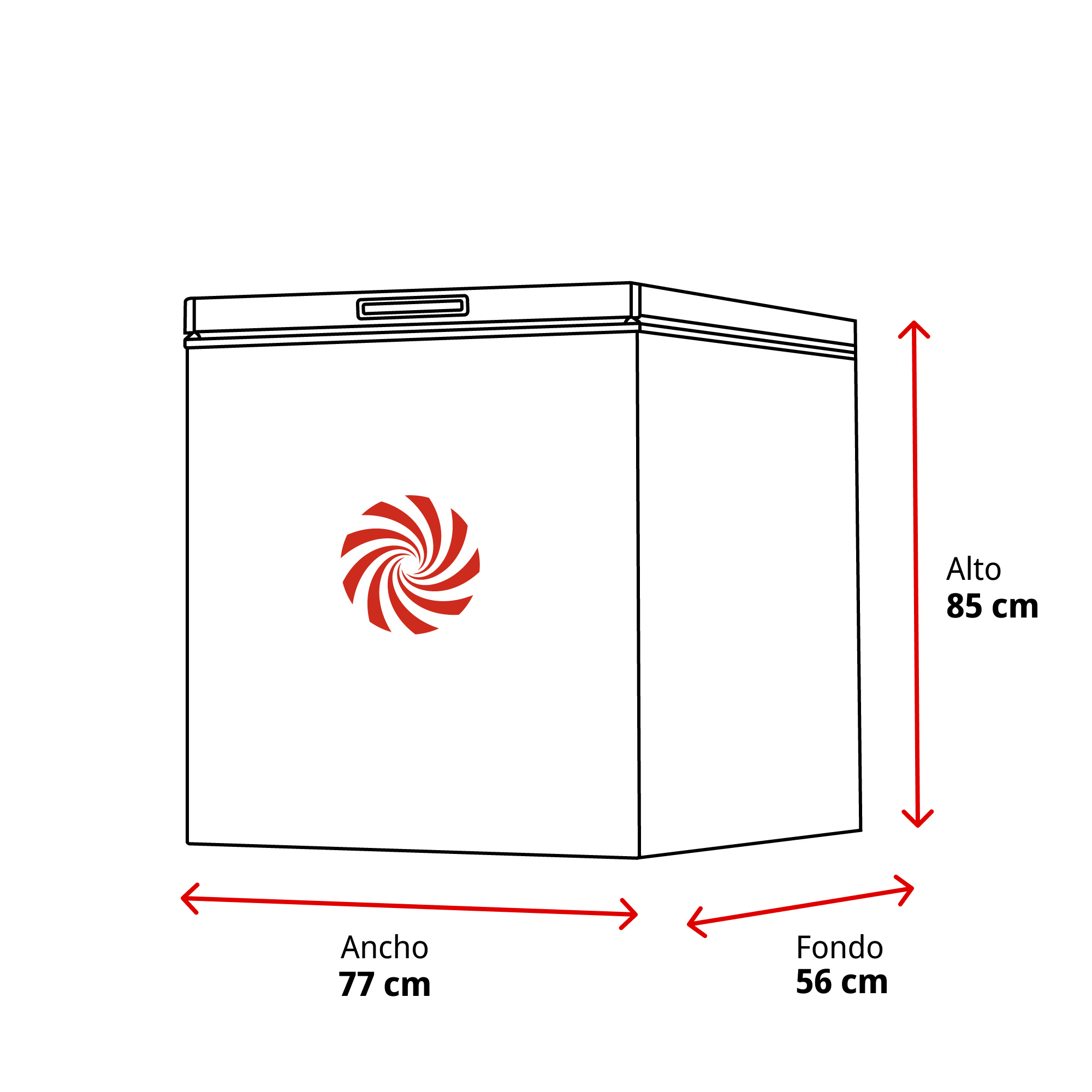 Diagrama de un congelador horizontal. Dimensiones: ancho 77 cm, fondo 56 cm y altura 85 cm. Tiene un logo rojo y blanco.
