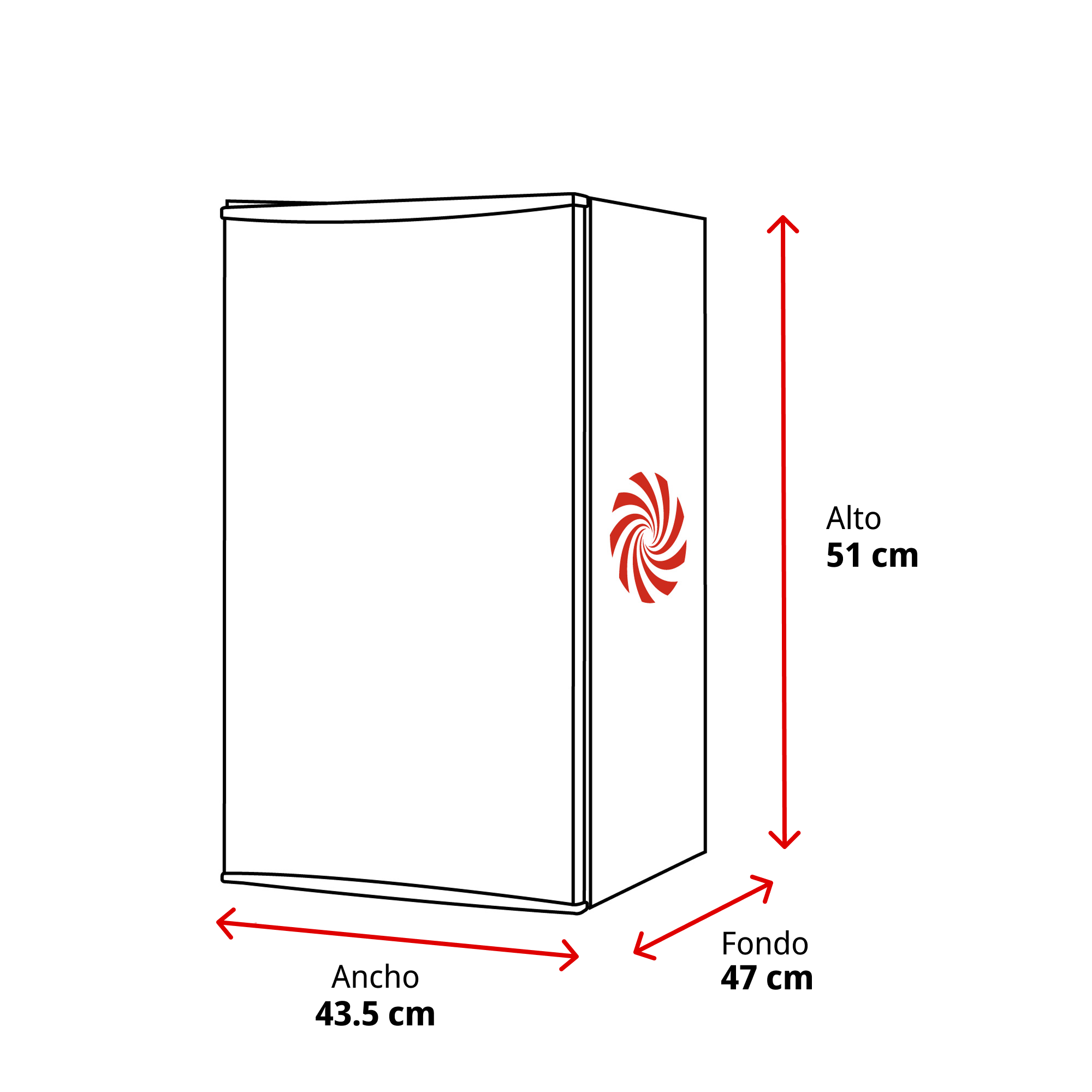 Un refrigerador blanco con dimensiones: alto 51 cm, ancho 43,5 cm y fondo 47 cm. Un logotipo rojo y blanco en el lateral.