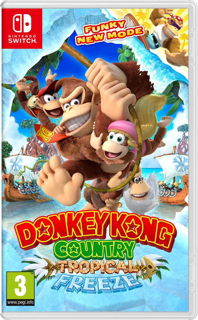 Okładka gry Donkey Kong. DK i przyjaciele z motywem tropikalnym i zamrożonym. Tytuł: Donkey Kong Country: Tropical Freeze.
