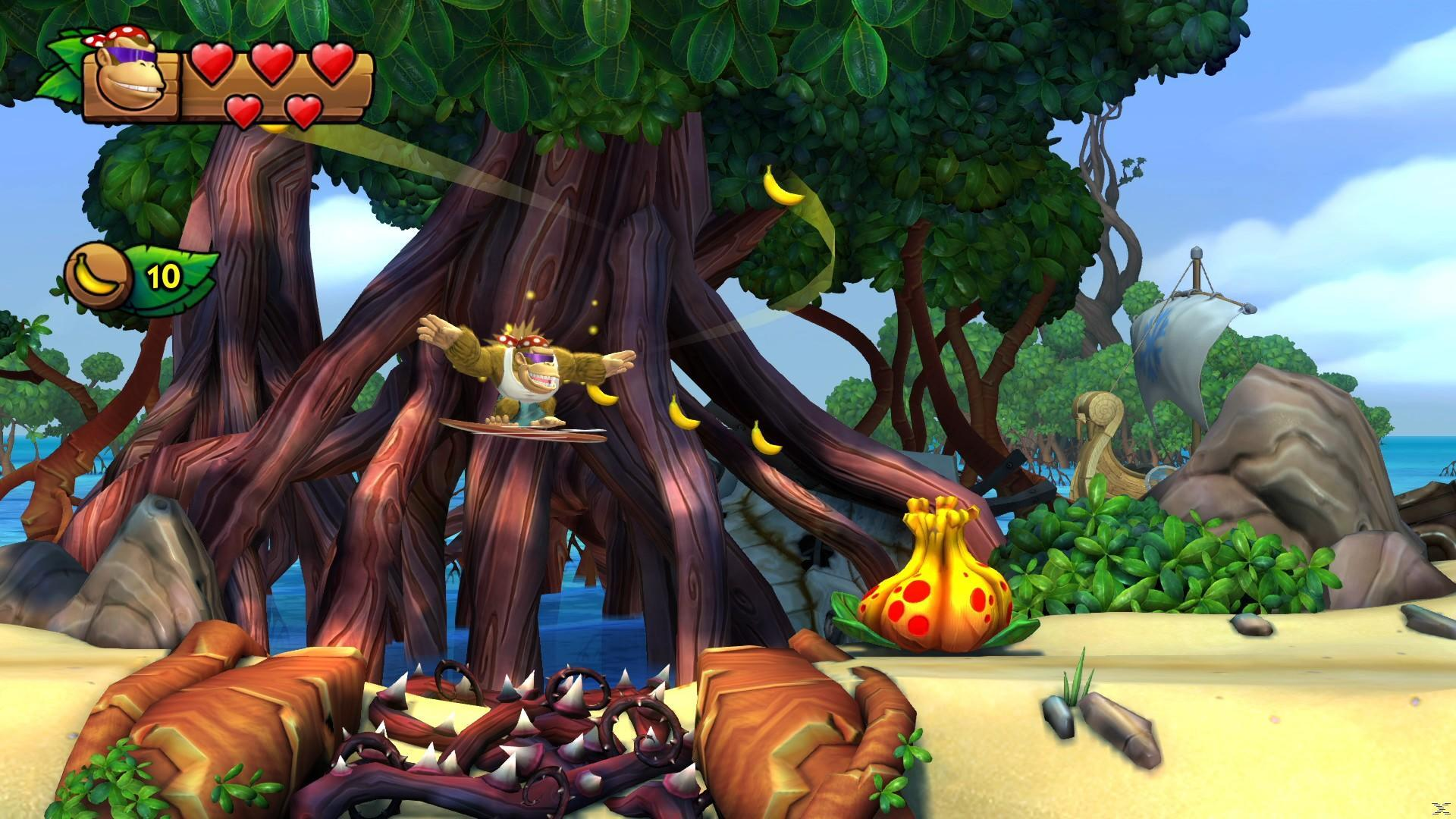 Donkey Kong na desce, spadają banany. Statek w tle. Interfejs gry w lewym górnym rogu.
