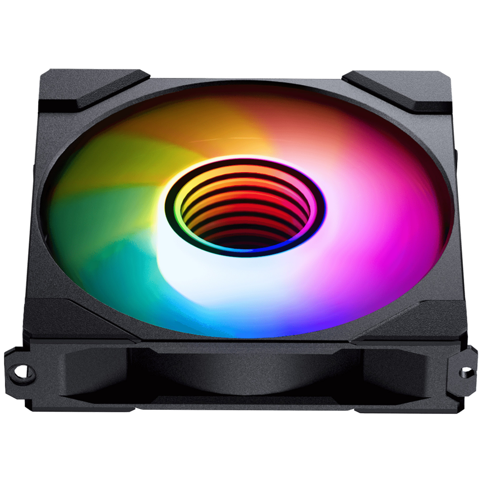 Ein Computerlüfter mit schwarzem Rahmen und einer farbenfrohen, regenbogenartigen Lichtanzeige in der Mitte.