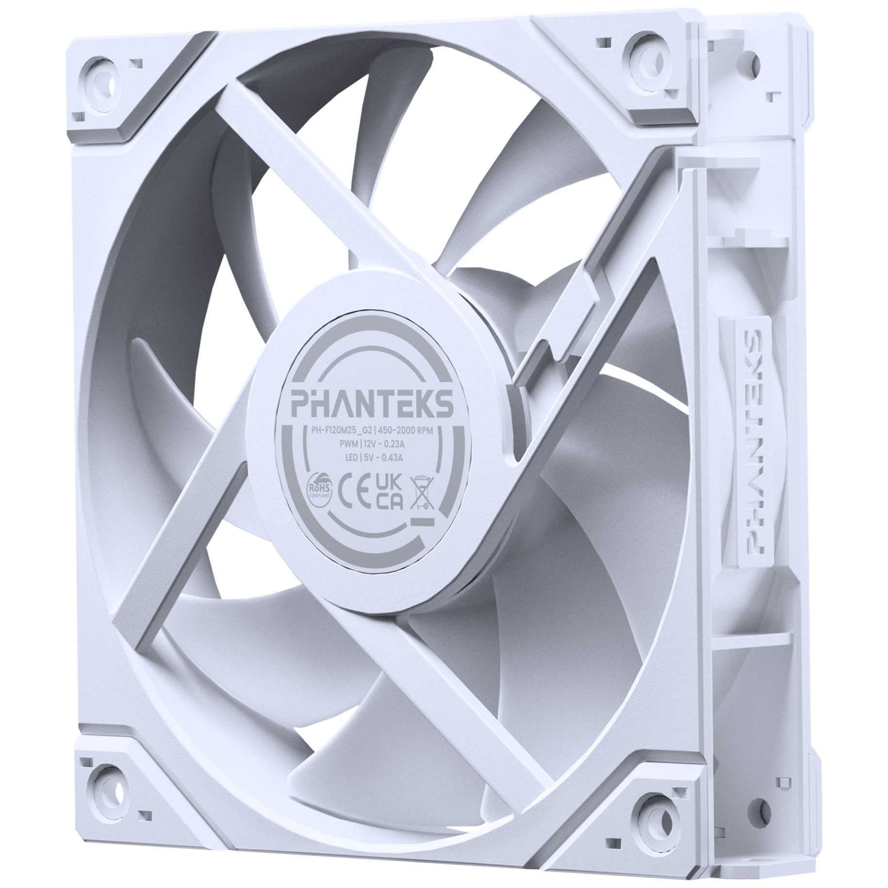 Ein weißer Phanteks-Computerlüfter. Er hat ein kreisförmiges Design mit sieben Blättern und einer zentralen Nabe mit Branding.