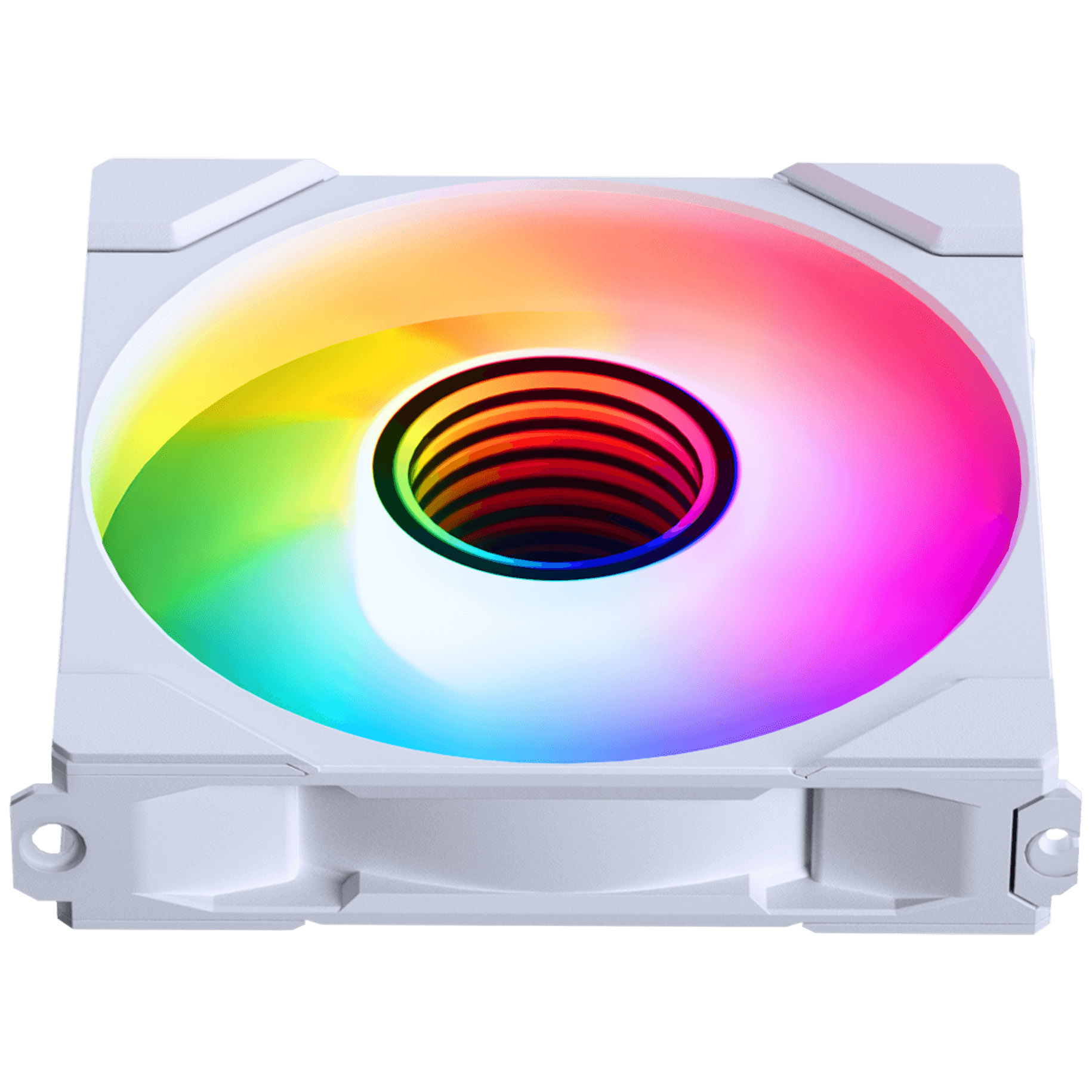 Ein weißer Computerlüfter mit farbigem, regenbogenartigem Licht in der Mitte. Der Lüfter ist quadratisch.