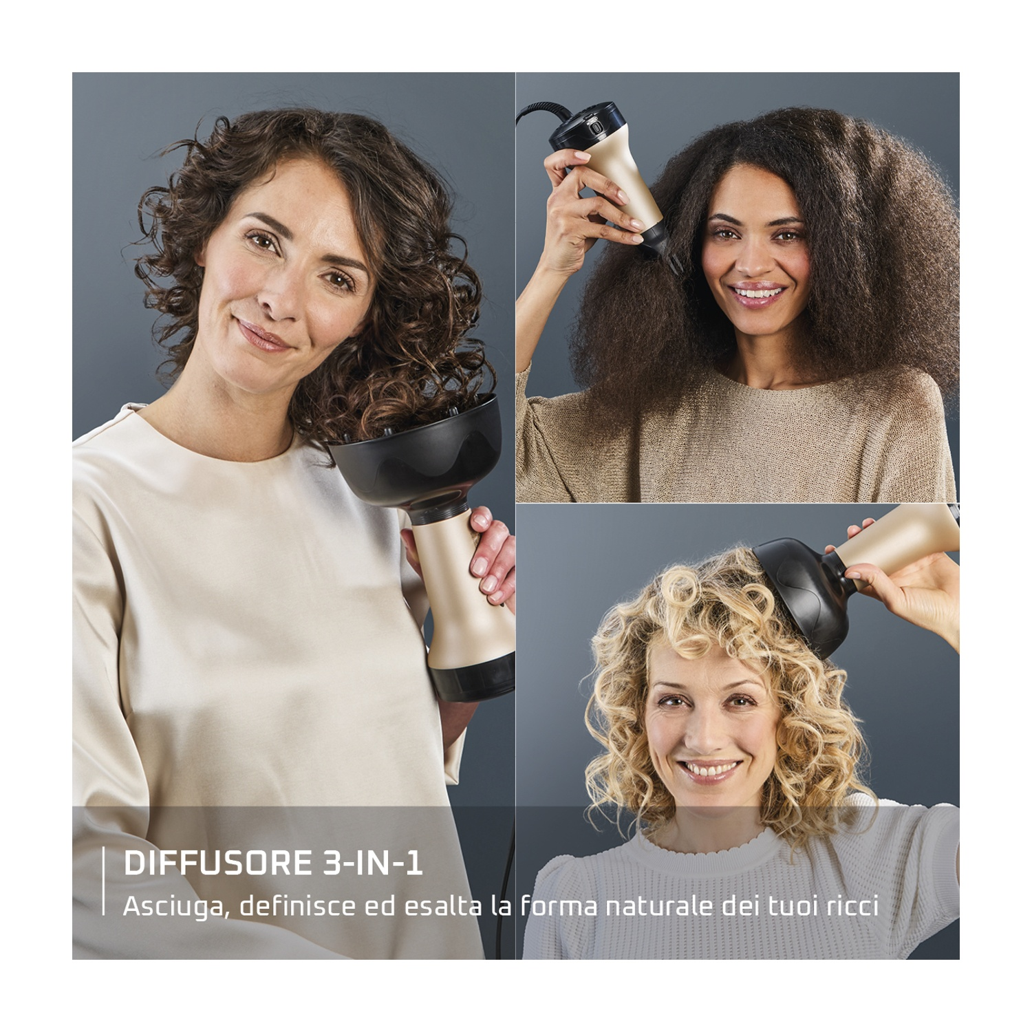 Tre donne con i capelli ricci usano un diffusore per capelli. Il prodotto asciuga, definisce ed esalta i ricci naturali.