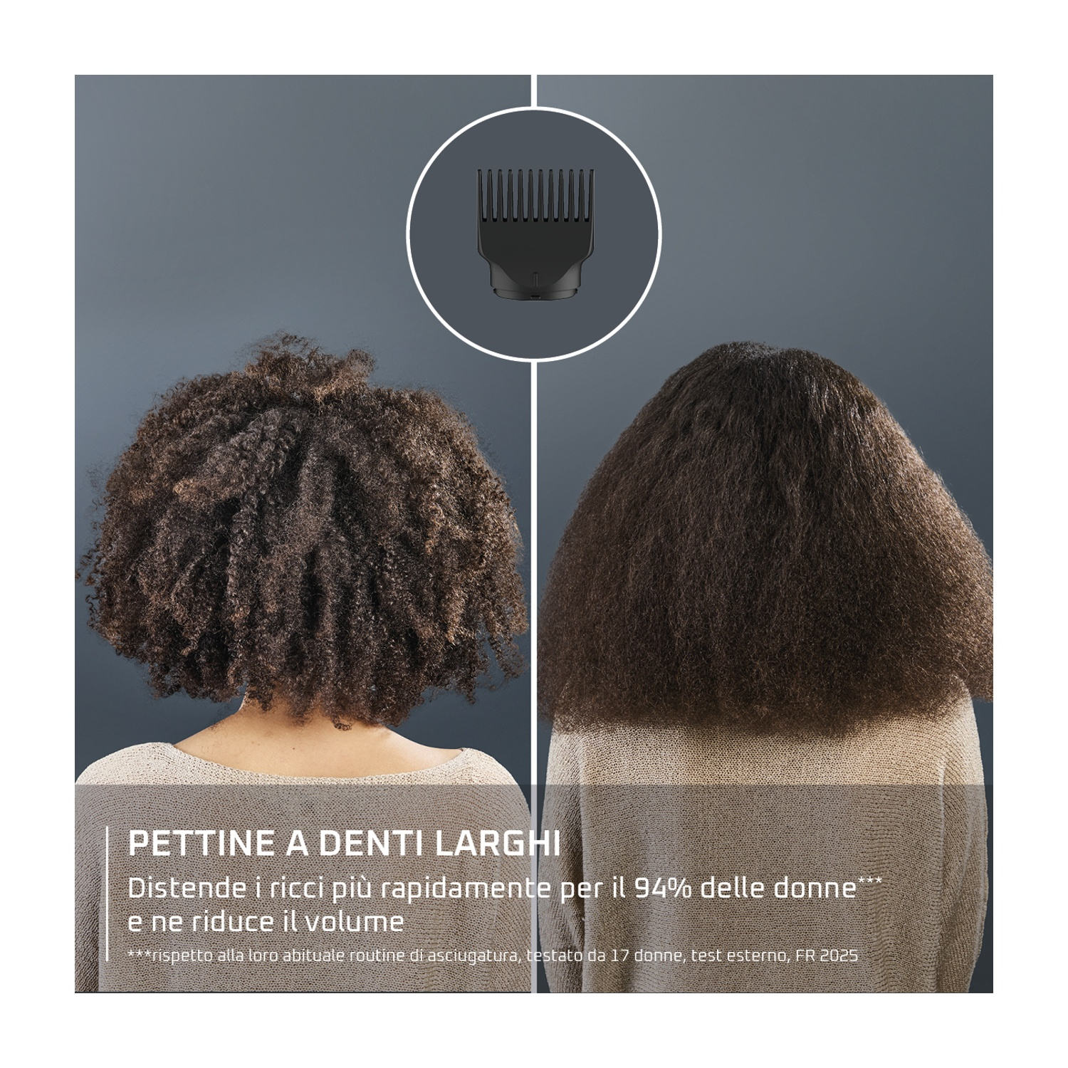 L'immagine mostra capelli ricci prima e dopo lo styling con un pettine. Il pettine è in un cerchio in alto. Il testo sottostante parla della riduzione del volume.